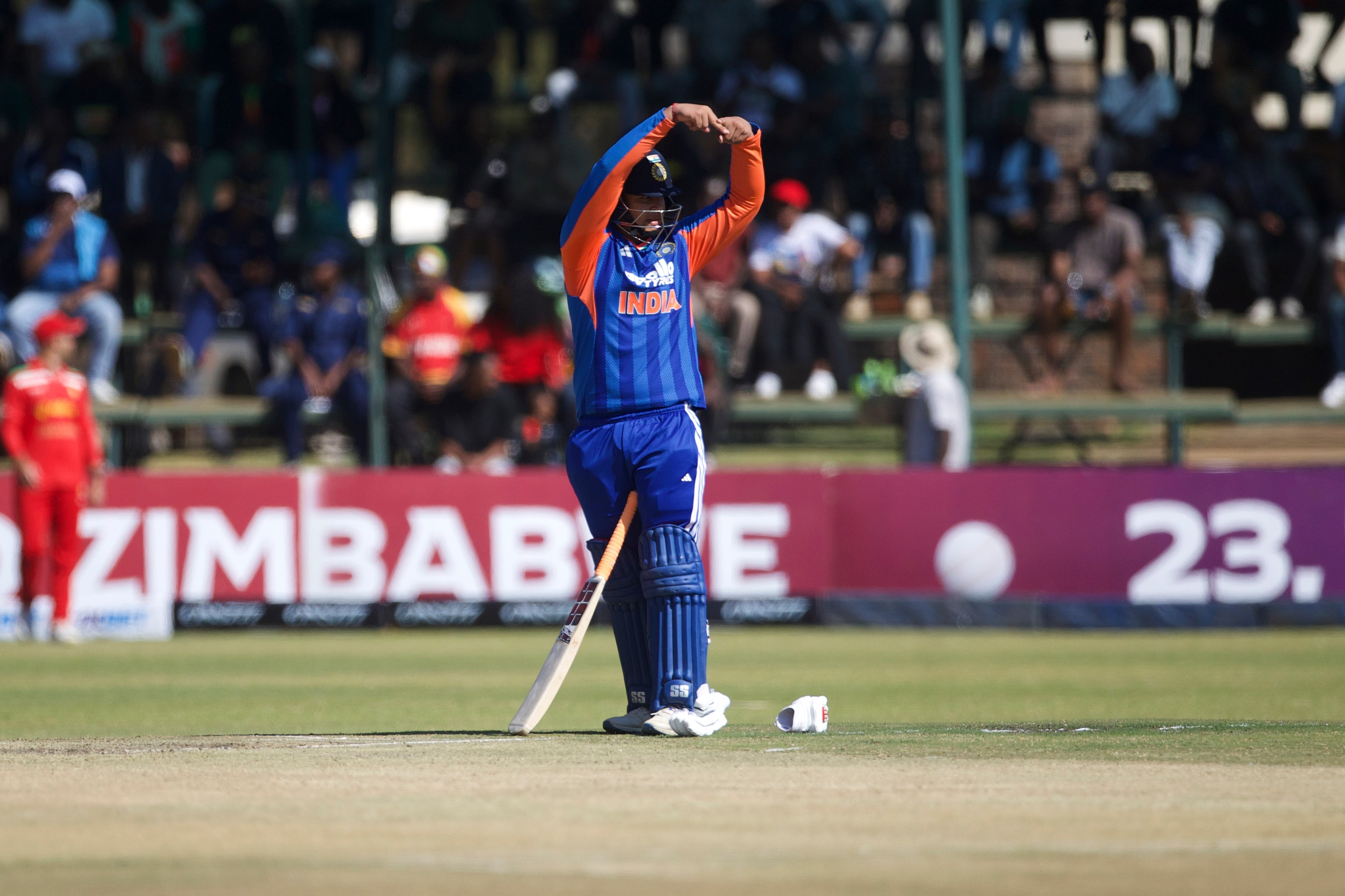 India's batsman Vaibhav Sooryavanshi gestures after scoring 50 runs during the third T20 cricket match between Zimbabwe and India in Harare, Zimbabwe, Sunday, July 26, 2026. (AP Photo/Wonder Mashura)