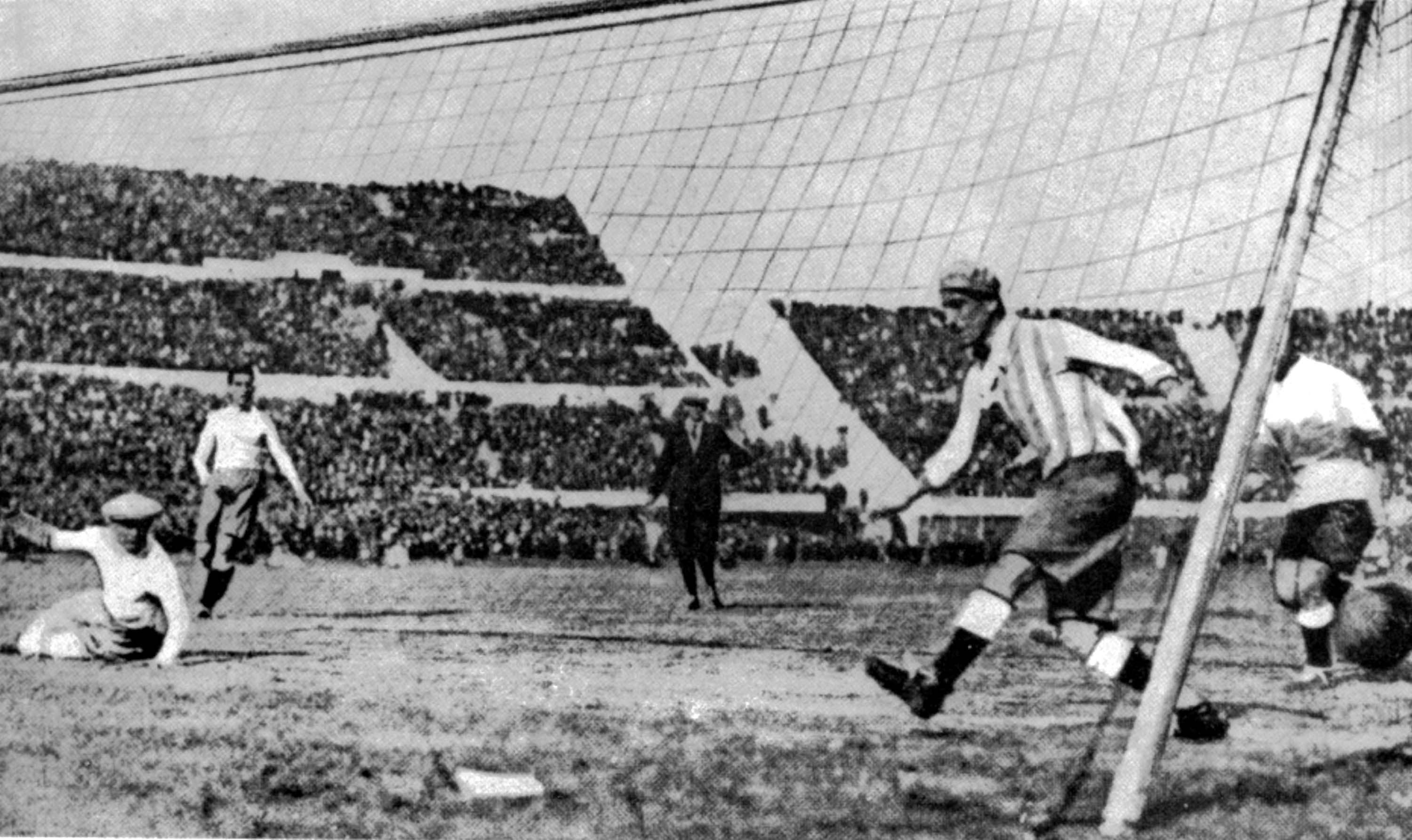 Uruguay’s first goal in the World Cup Final against Argentina, in Montevideo, Uruguay, July 30, 1930. Uruguay defeated Argentina by four goals to two