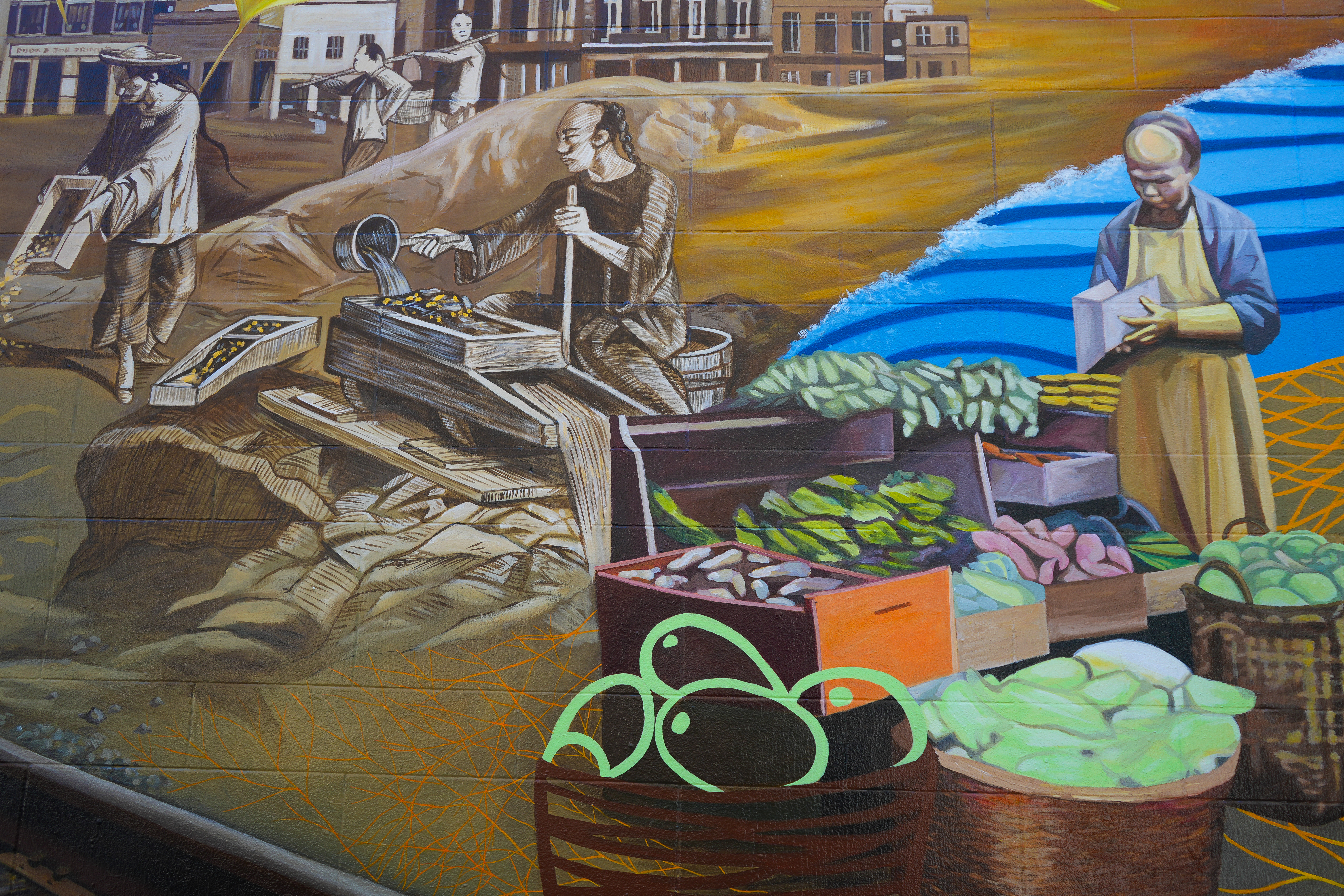A close-up of the Wong Kim Ark mural in San Francisco's Chinatown.