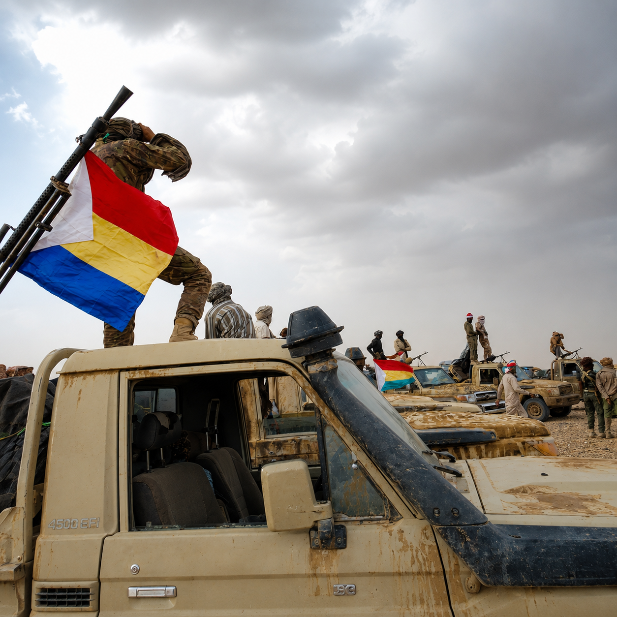 Azawad Liberation Front (FLA) fighters display the group's flags in Tabarachat, northern Mali