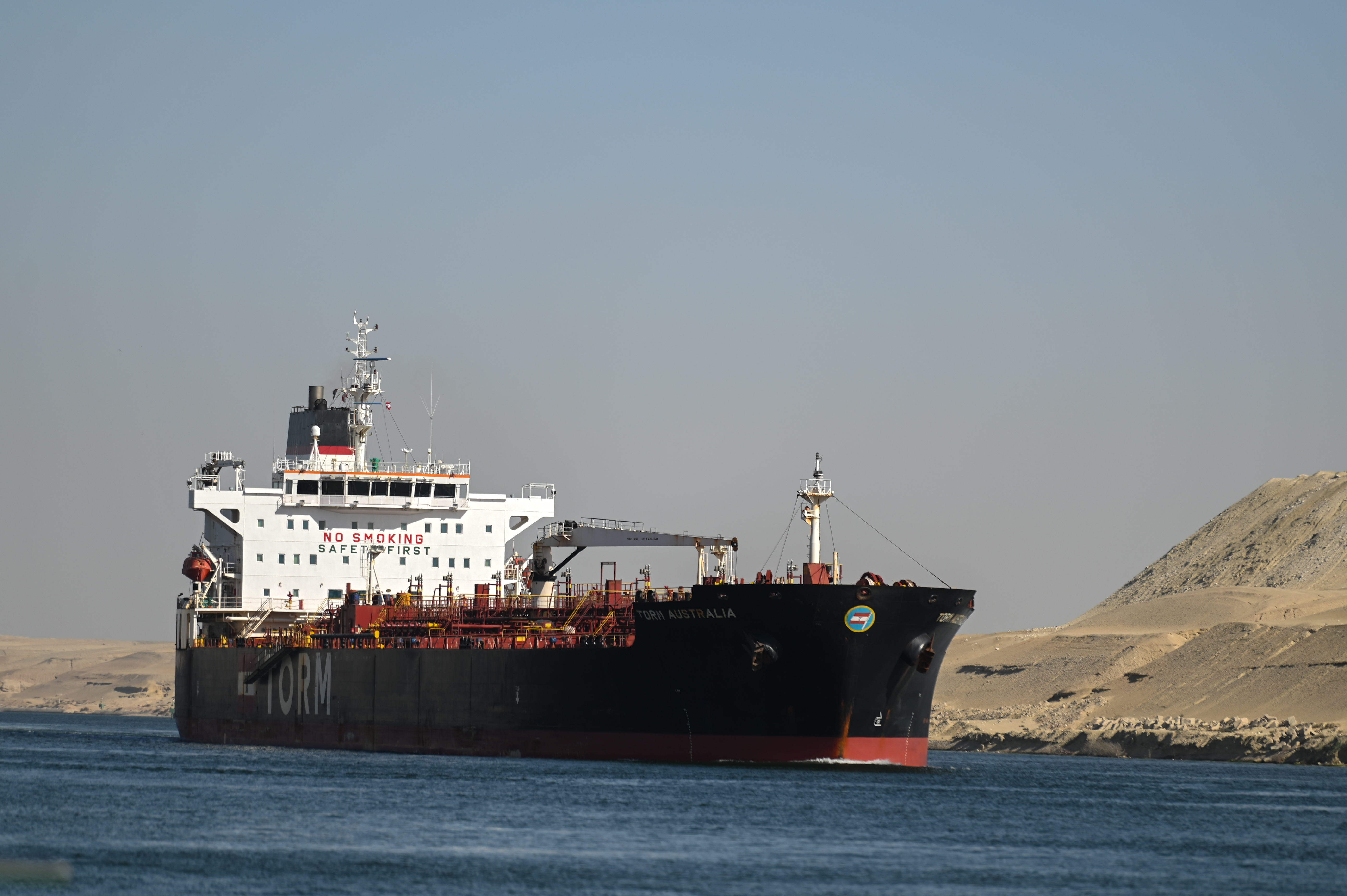 A ship transits the Suez Canal towards the Red Sea
