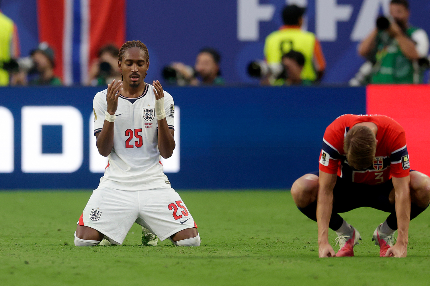 MIAMI, UNITED STATES - JULY 11: Djed Spence of England celebrates the victory during the World Cup match between Norway v England at the Miami Stadium on July 11, 2026 in Miami United States (Photo by Marcel Bonte/Soccrates/Getty Images)