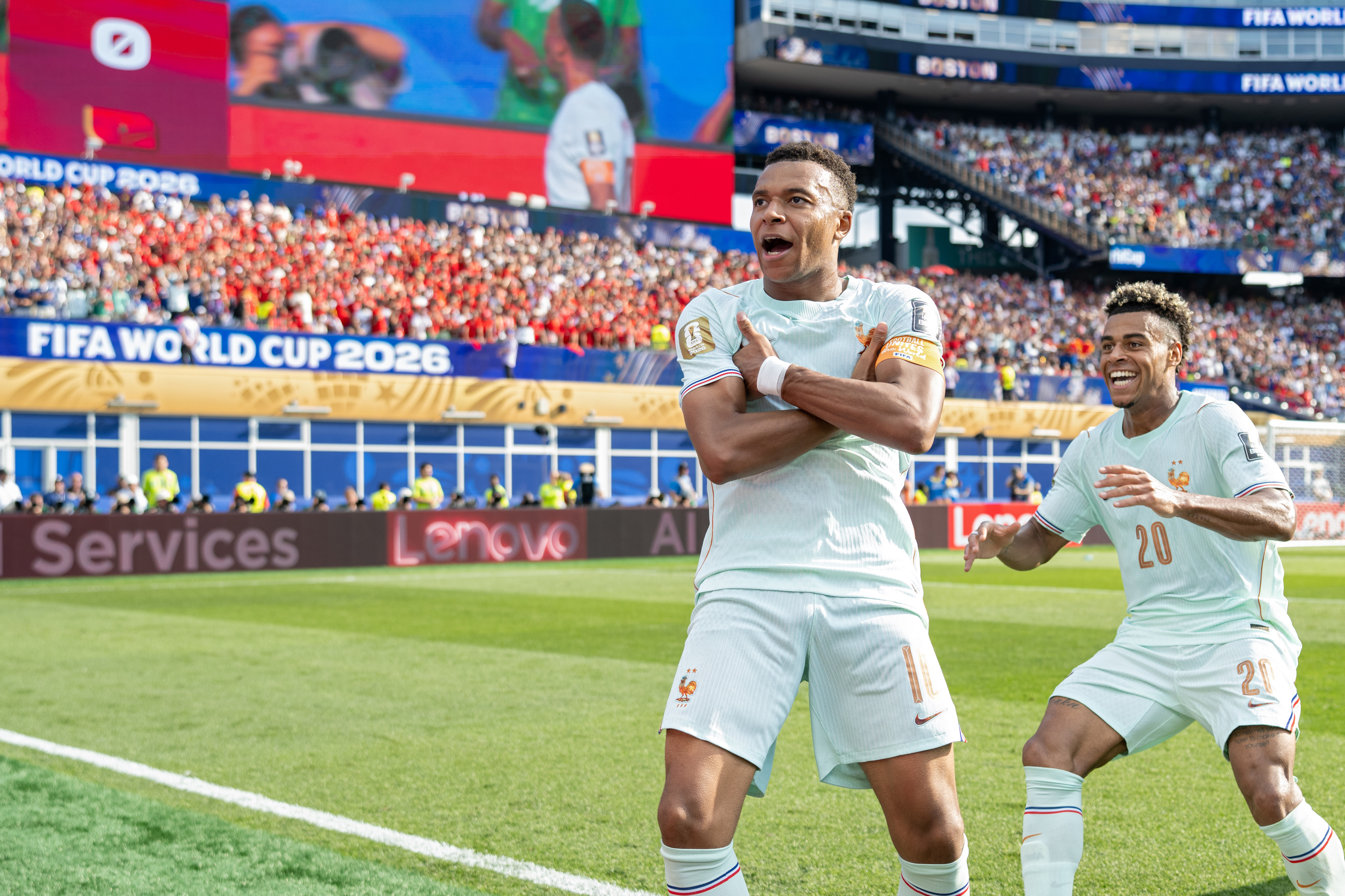 Kylian Mbappe of France celebrates his goal against Morocco