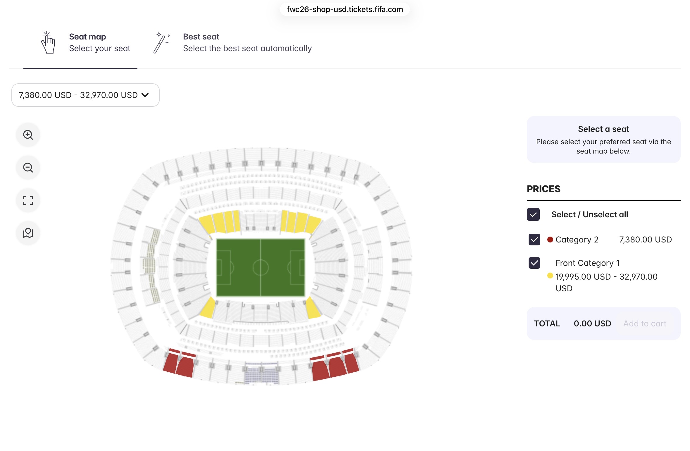 A seat map of MetLife Stadium showing available seats priced at $7,380-$32,970