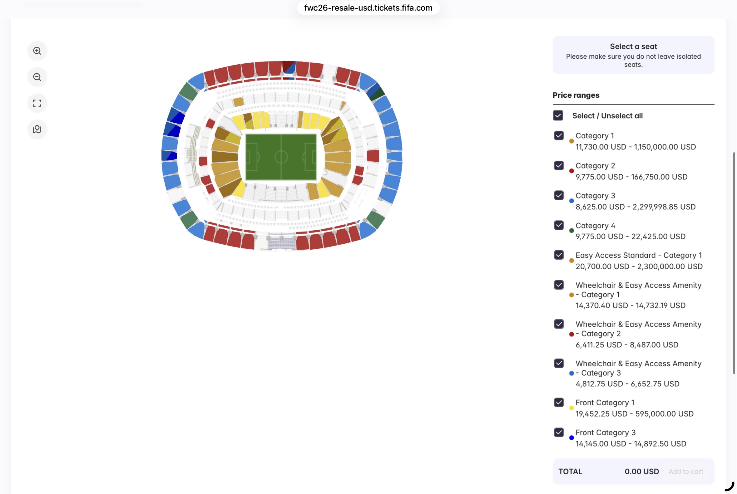 A screenshot of the seat map showing available tickets to the World Cup final on the FIFA Marketplace.