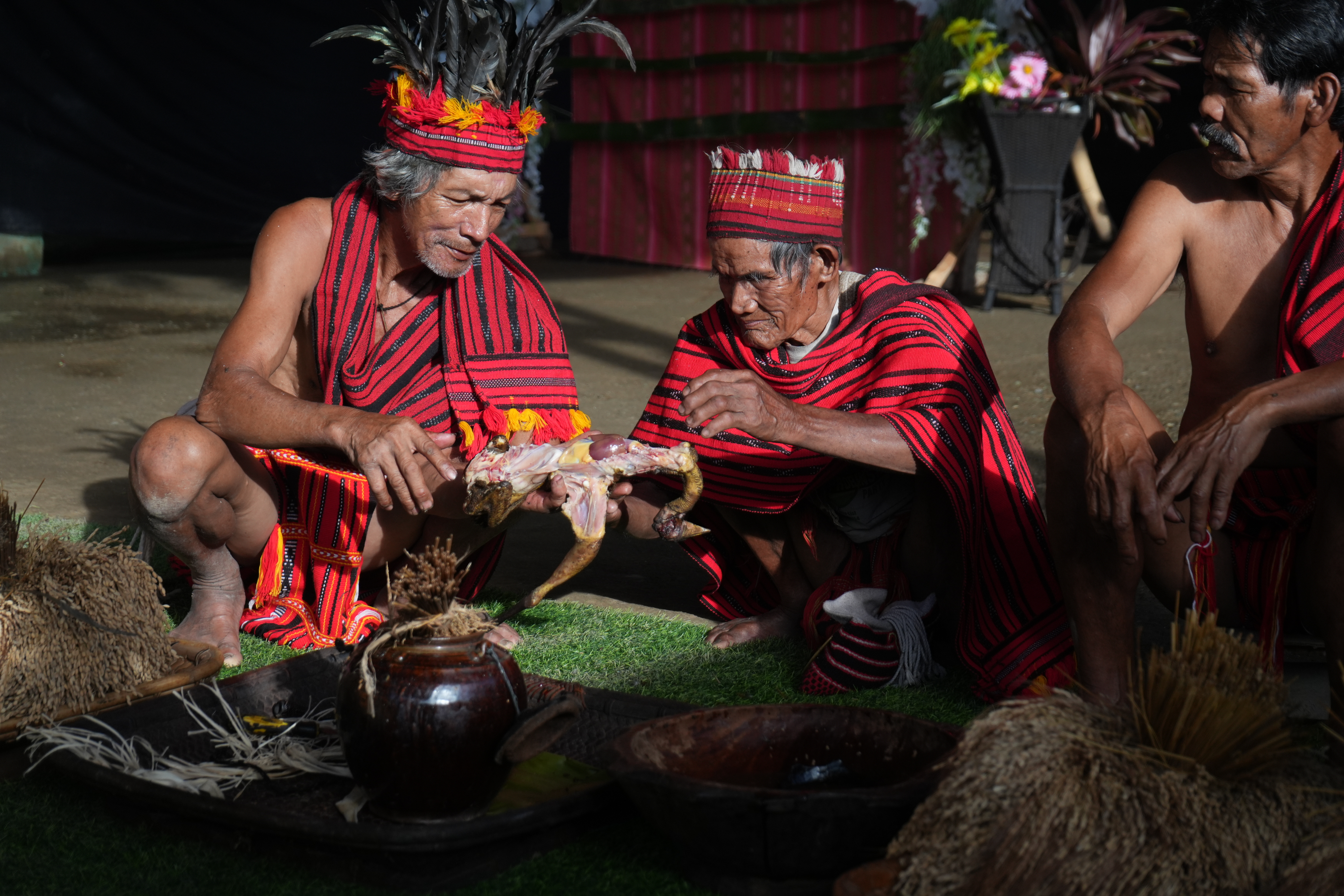 Apu Buy-a Nadyug [centre], the chief indigenous priest of Batad, joins two other village elders during the Tanig, a blessing ritual before the start of the harvest festival.