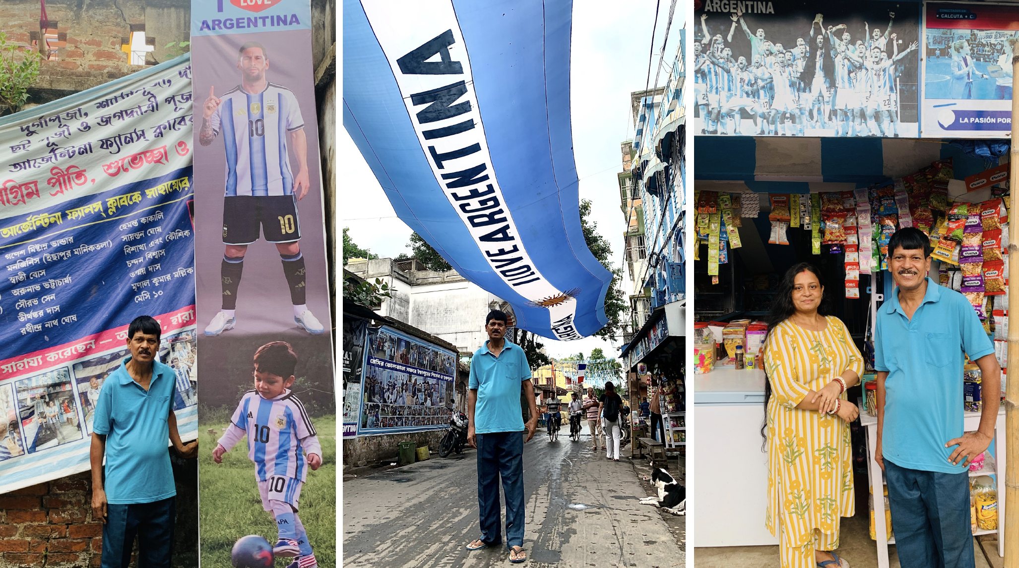 A trio of images showing tea-shop owner and Kolkata Argentina football buff Shib Sankar Patra with images of Lionel Messi and, far right, with his wife in front of his shop. Sapna Patra, wife of tea-shop owner and famous Kolkata Argentina football buff Shib Sankar Patra [Chandrahas Choudhury/Al Jazeera]