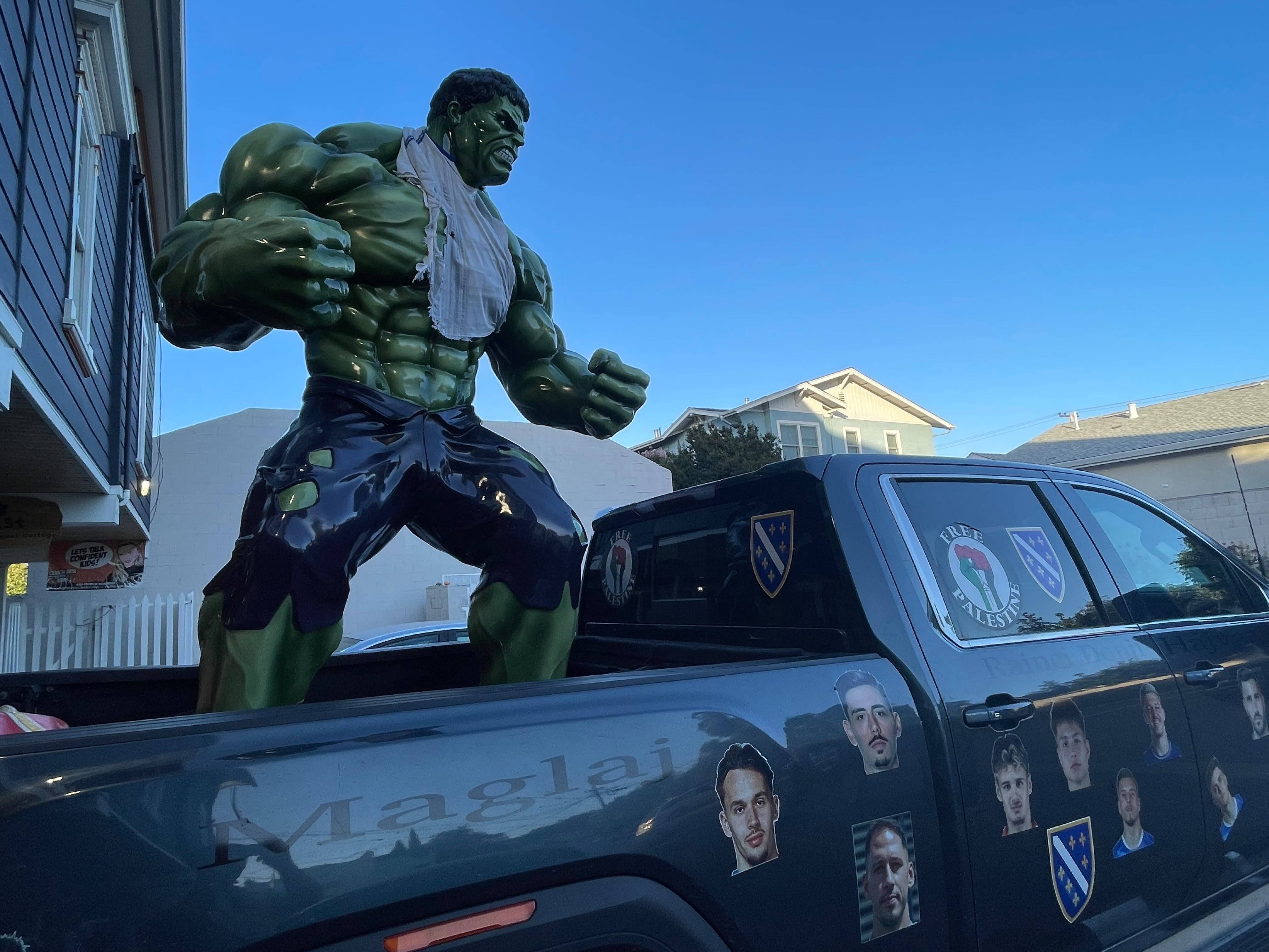 A window sticker, with the Palestinian flag colours, and the Hulk, stand out on a truck used by Bosnian fans in Santa Clara, California, on June 30, 2026 [Brian Osgood/ Al Jazeera]