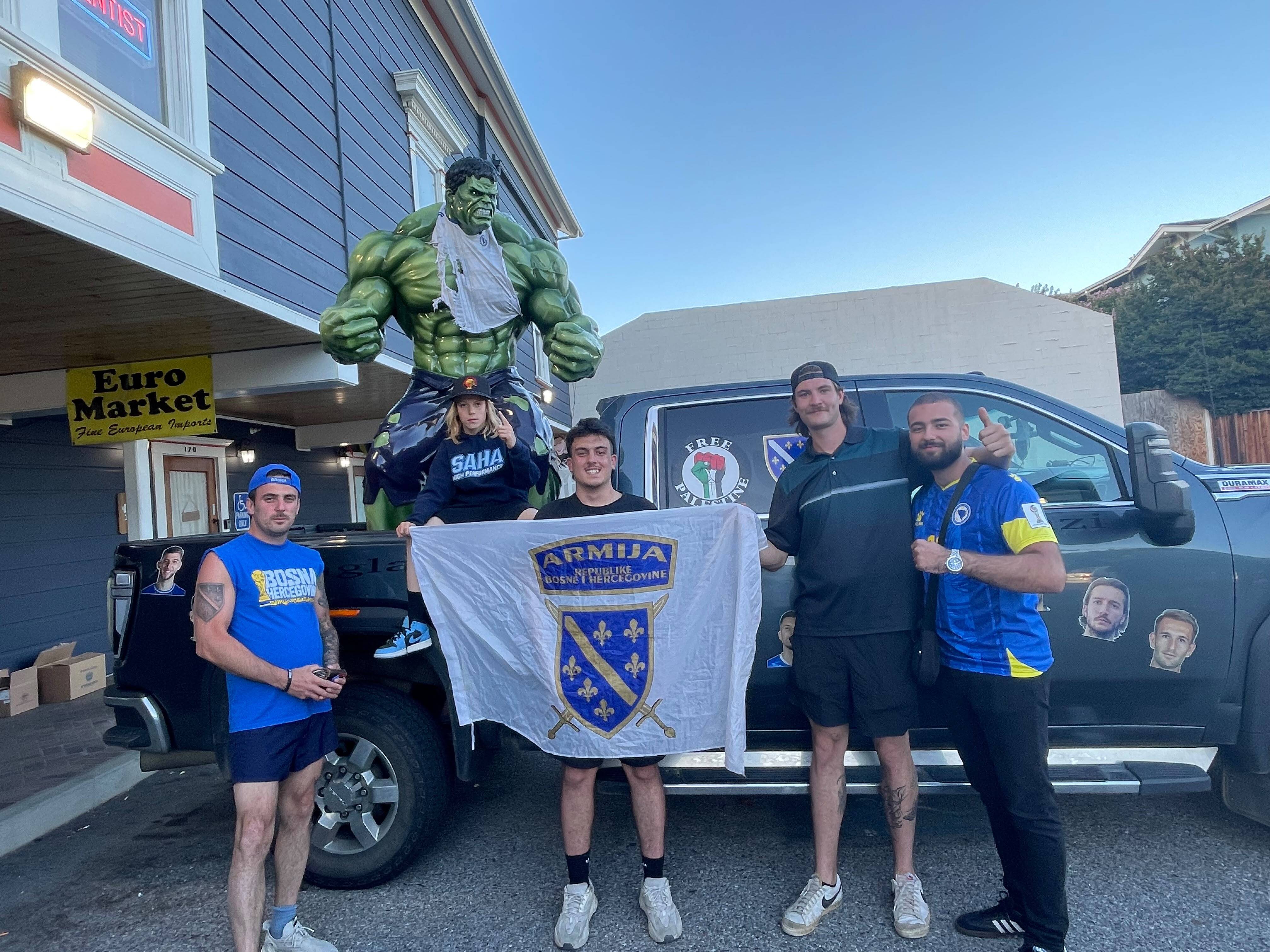 Bosnia fans in front of a truck decorated with paraphernalia in support of the national team and Palestine in Santa Clara, California, on June 30, 2026
