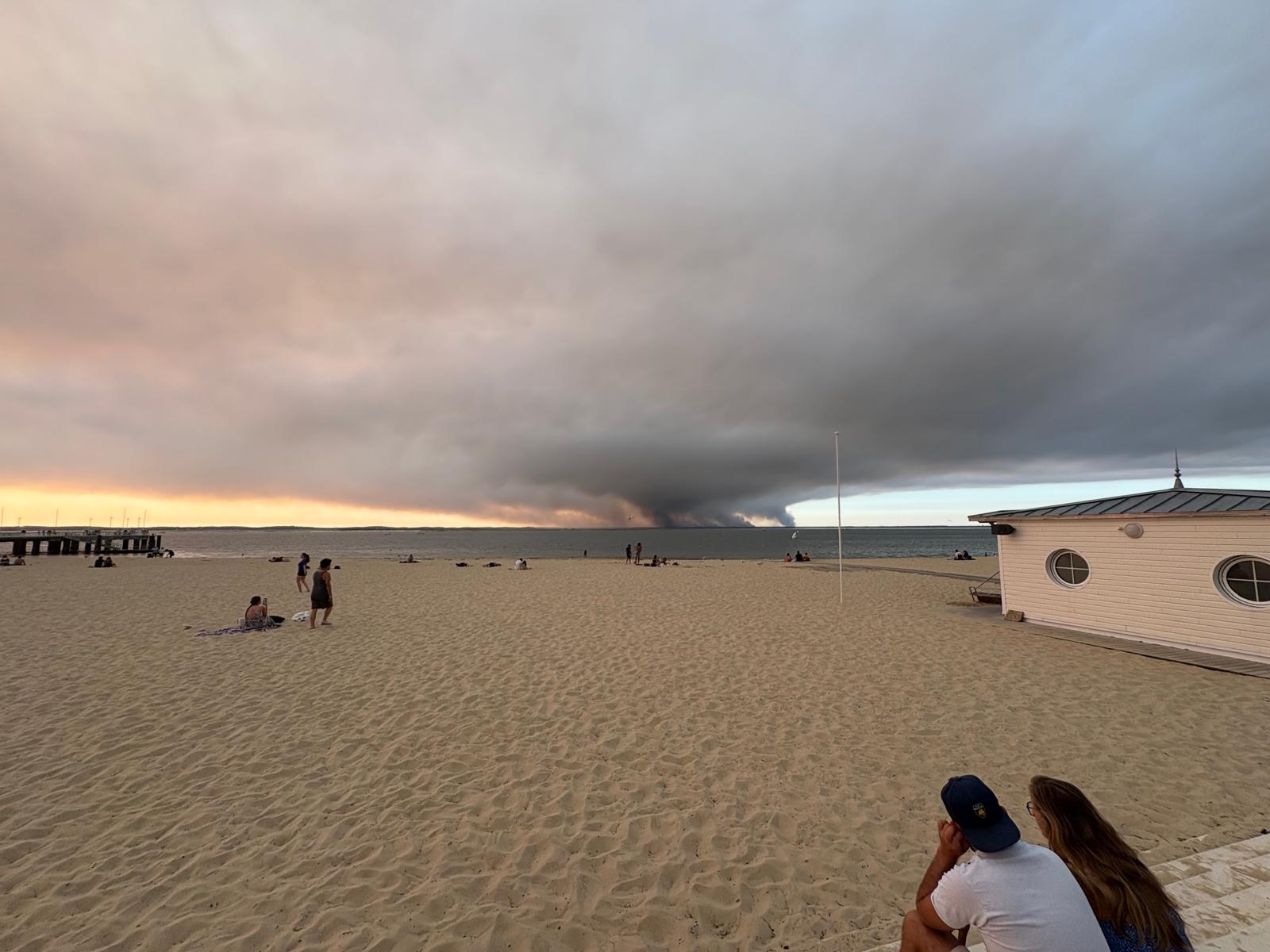 Fires on the Cap Ferret peninsula in southwest France, as seen from across the bay in Arcachon, a town on the French Atlantic coast
