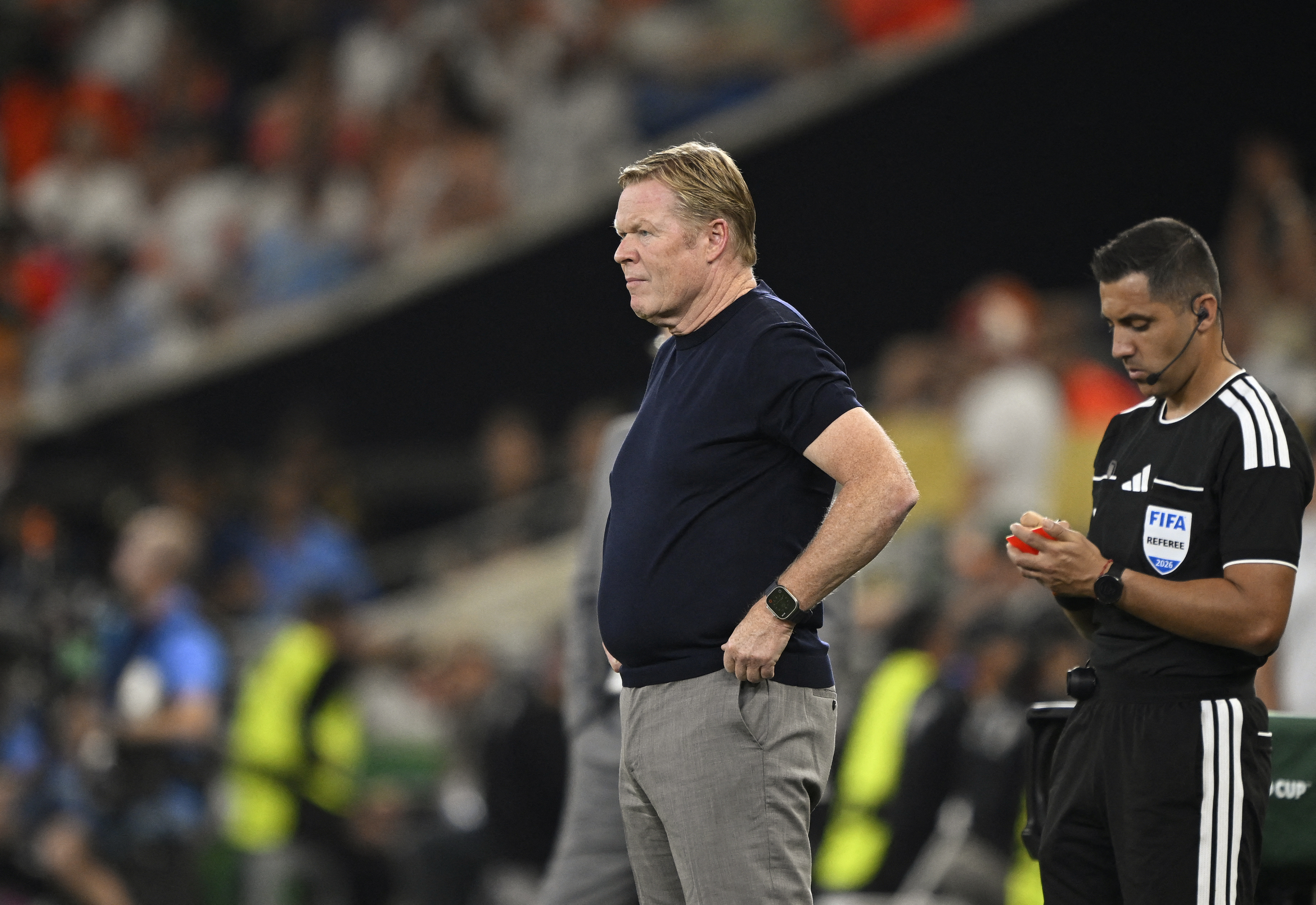 Netherlands' head coach Ronald Koeman gestures during the 2026 World Cup round of 32 football match between the Netherlands and Morocco at the Monterrey Stadium in Guadalupe on June 29, 2026.