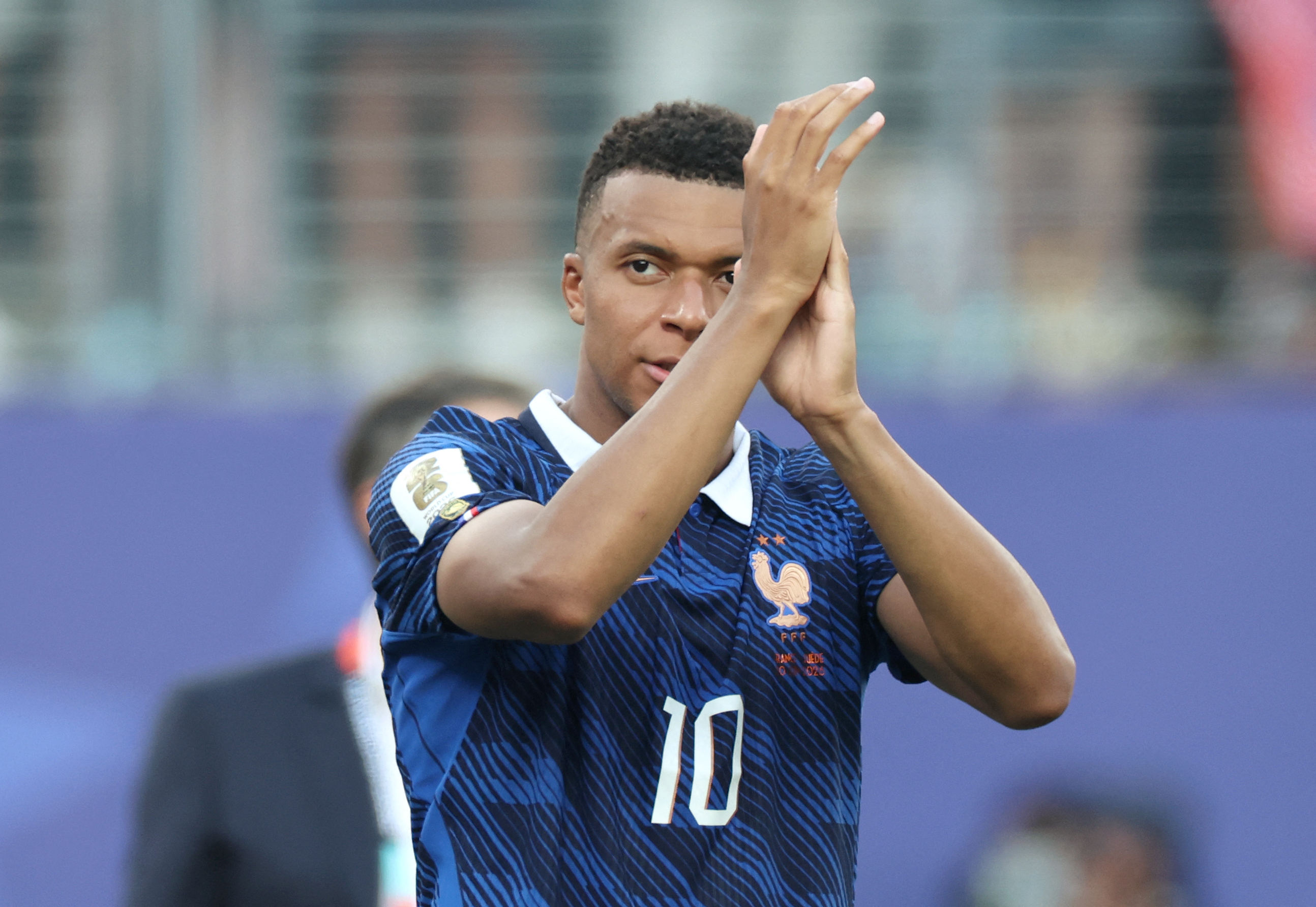 France's forward #10 Kylian Mbappe celebrates after winning the 2026 World Cup round of 32 football match between France and Sweden at the New York/New Jersey Stadium in East Rutherford on June 30, 2026.