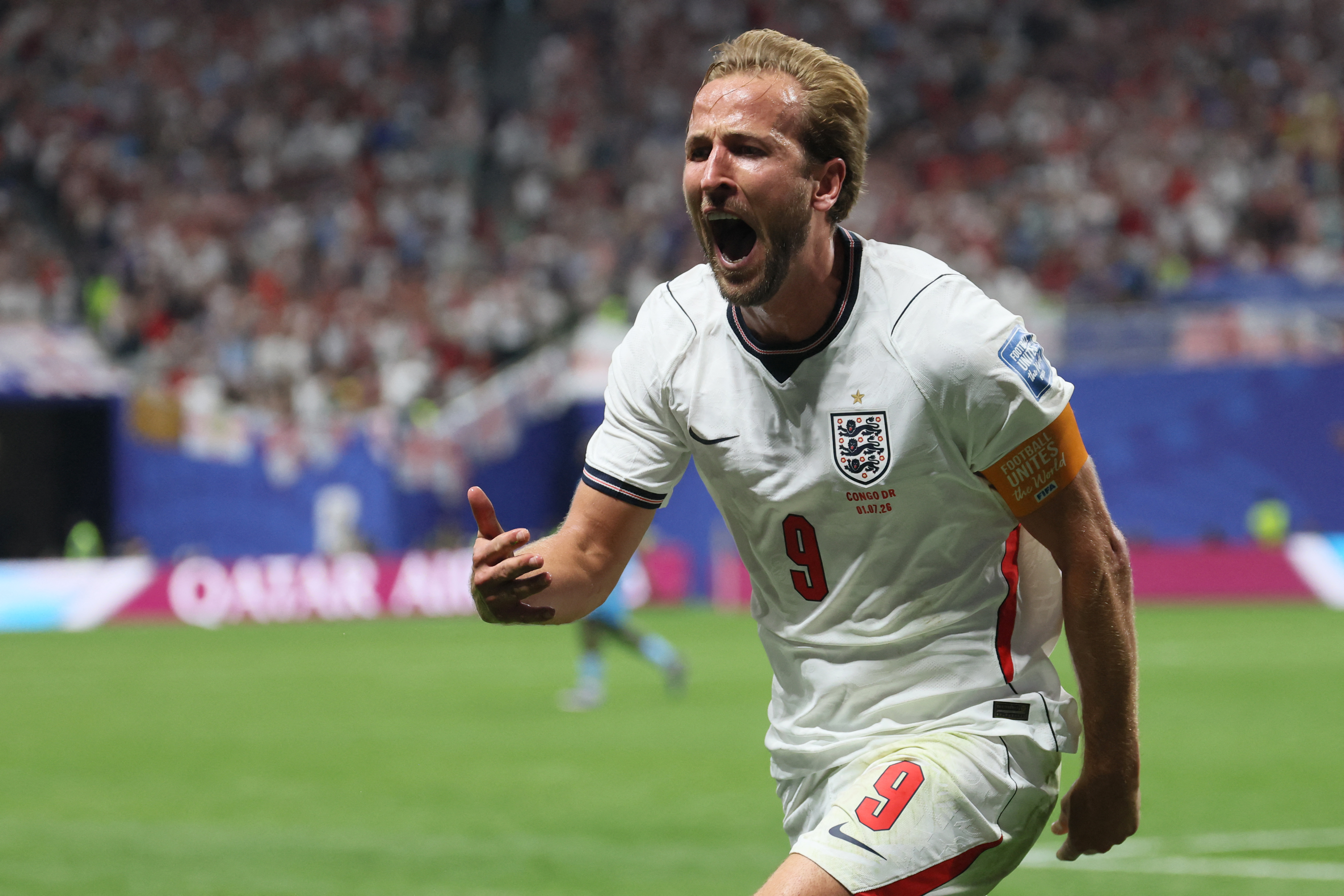 England's forward #09 Harry Kane celebrates scoring his team's second goal during the 2026 World Cup round of 32 match football between England and the Democratic Republic of Congo at the Atlanta Stadium in Atlanta on July 1, 2026.