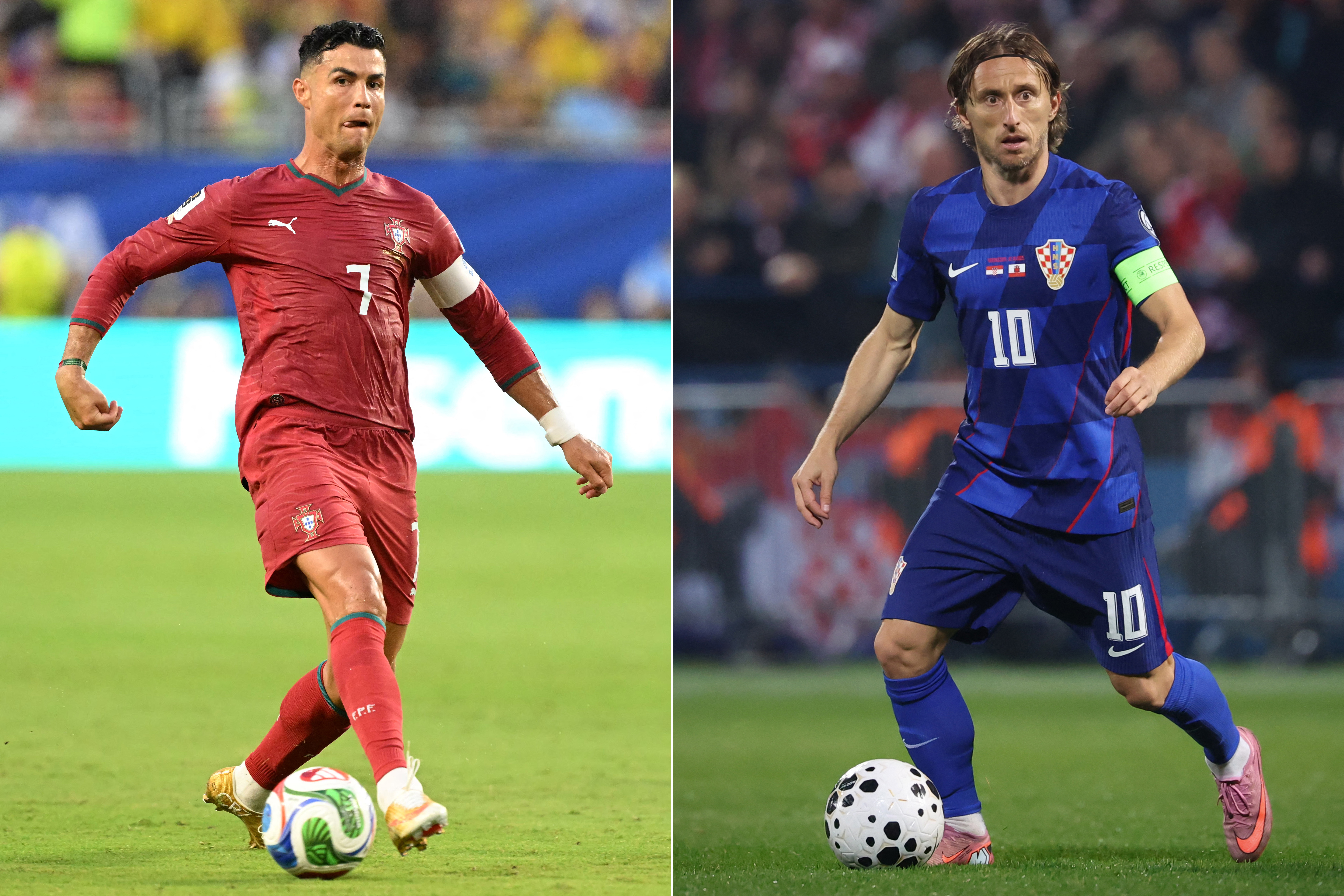 This combination of pictures created on July 1, 2026, shows Portugal's forward #07 Cristiano Ronaldo (L) running with the ball in Miami Gardens on June 27, 2026; and Croatia's midfielder #10 Luka Modric (R) running with the ball in Zagreb on October 12, 2025.