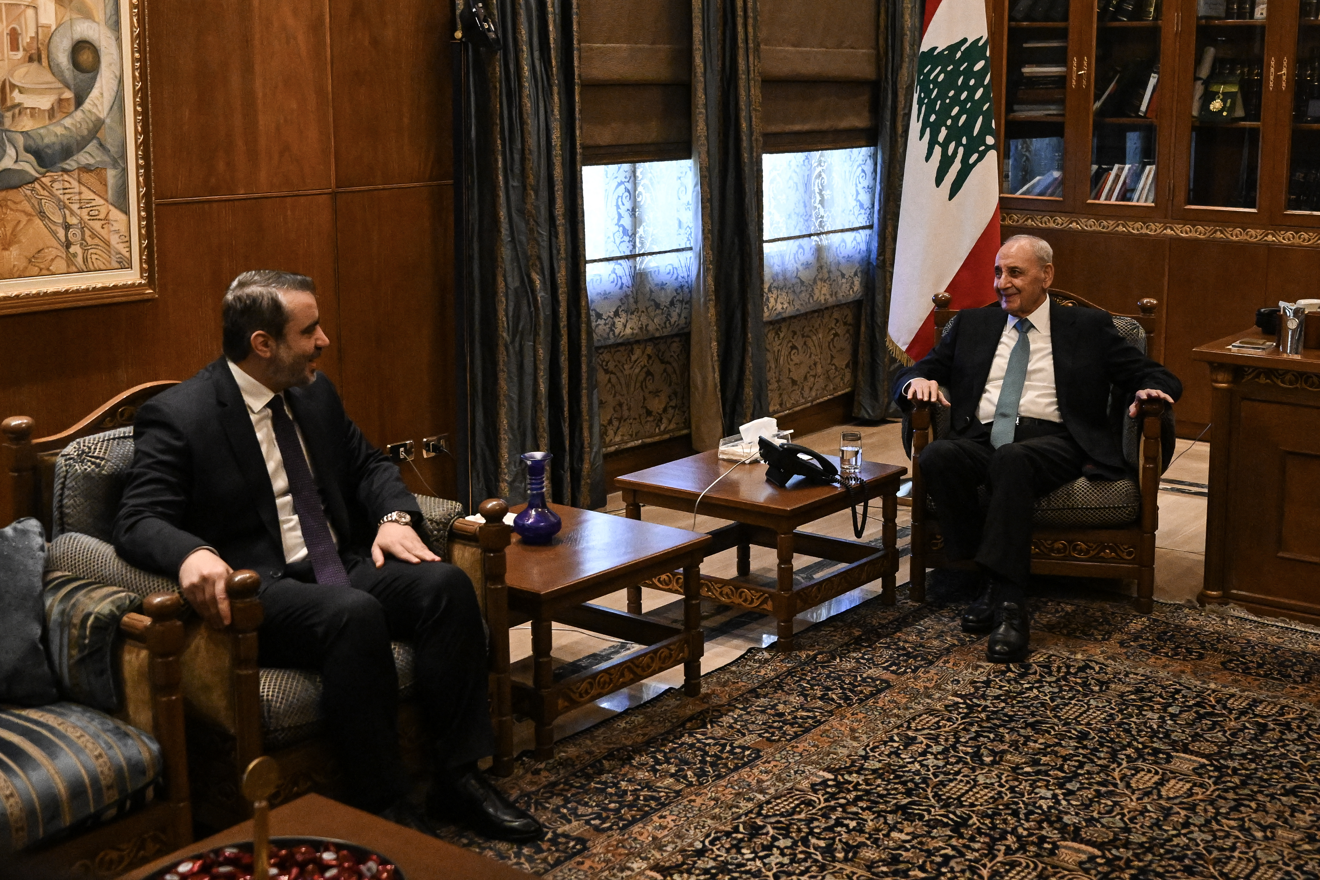 Syrian Foreign Minister Asaad al-Shaibani (L) meets with Lebanese Parliament Speaker Nabih Berri at the speaker's residence in Beirut on July 2, 2026. (Photo by JOSEPH EID / AFP)