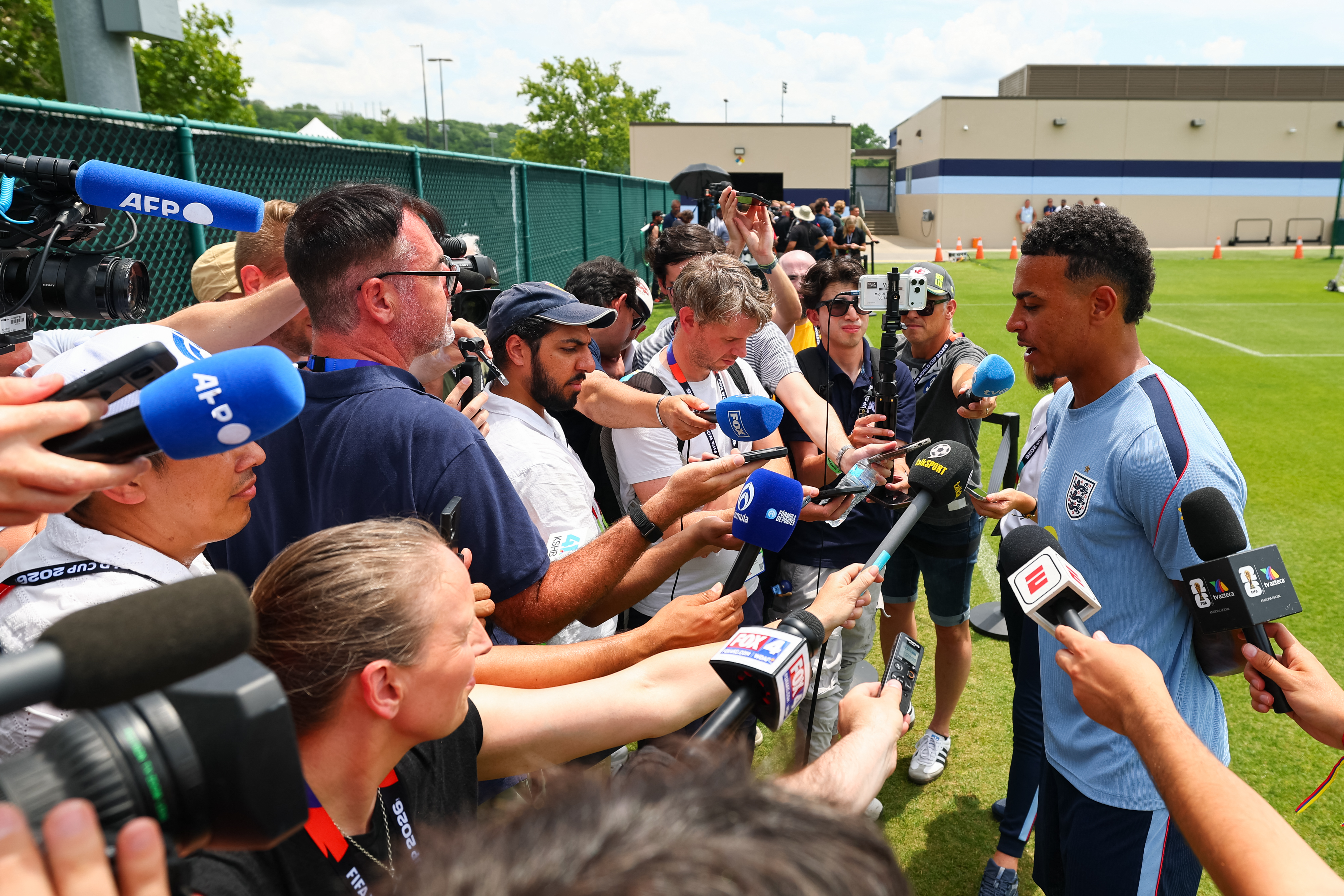 KANSAS CITY, KANSAS - JULY 3: Morgan Rodgers #17 of England speaks to the media during a press conference at Swope Soccer Village on July 3, 2026 in Kansas City, MO. Kyle Rivas/Getty Images/AFP (Photo by Kyle Rivas / GETTY IMAGES NORTH AMERICA / Getty Images via AFP)