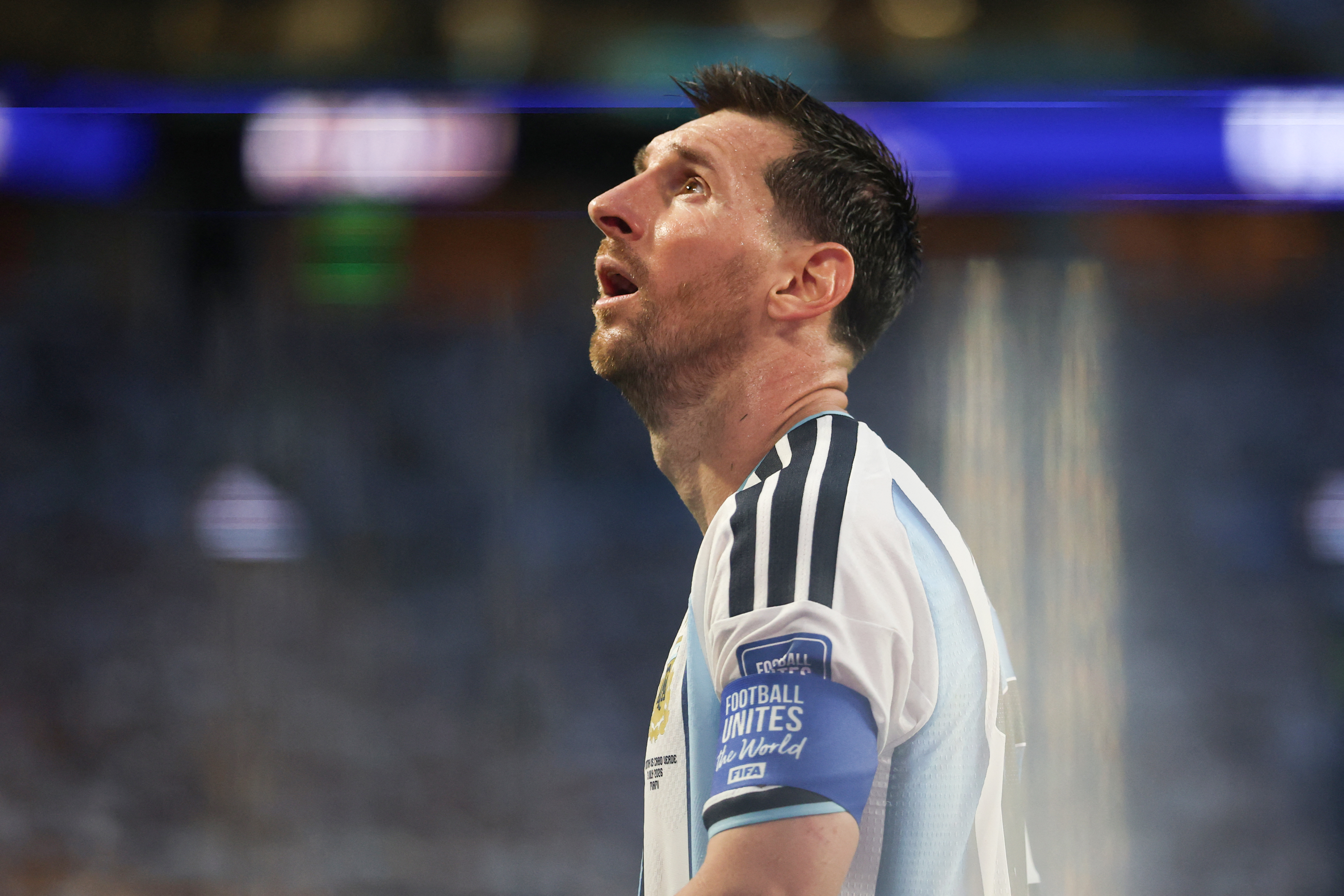 Argentina's forward #10 Lionel Messi reacts during the 2026 World Cup round of 32 football match between Argentina and Cape Verde at the Miami Stadium in Miami Gardens on July 3, 2026.