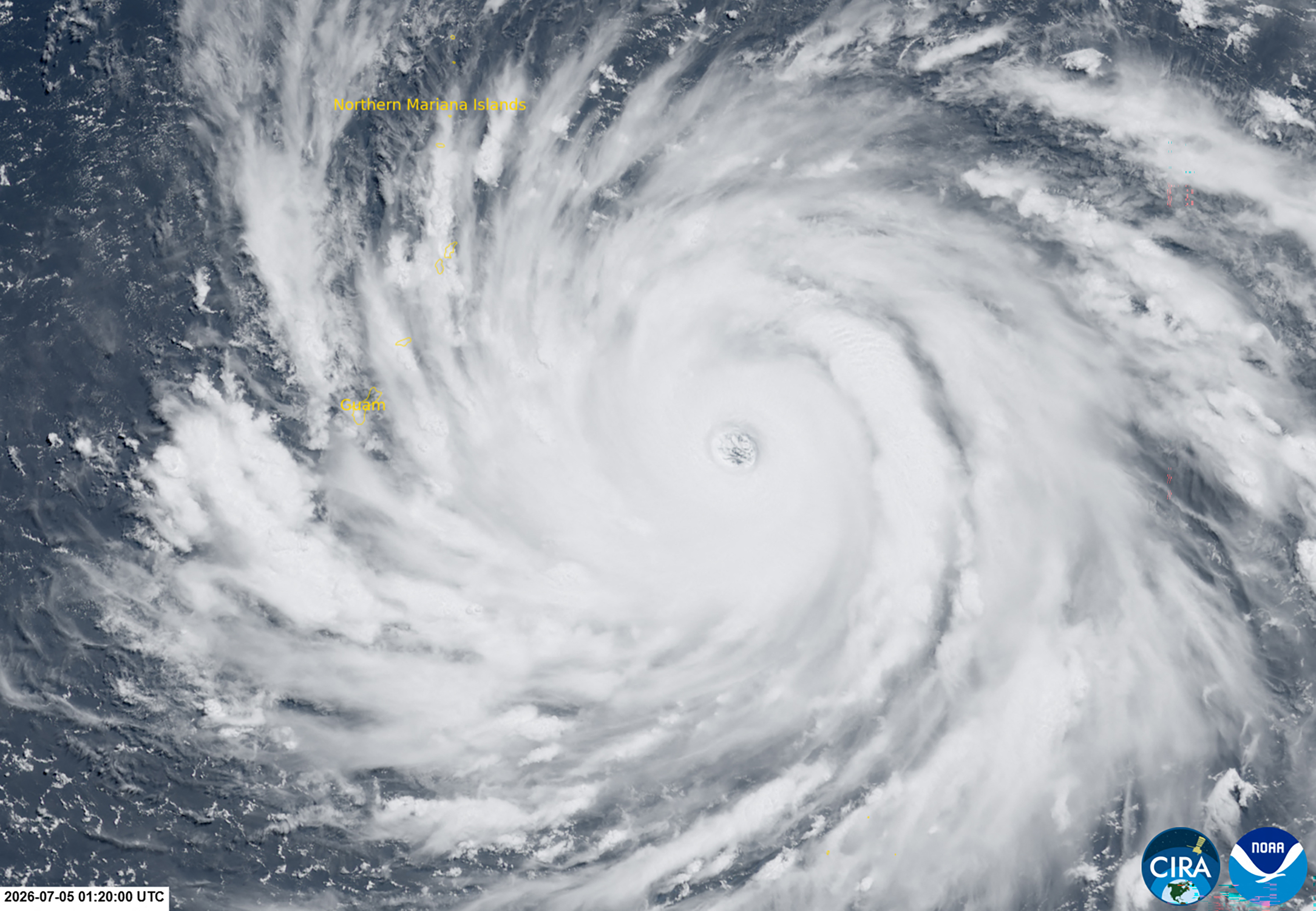 This satellite image handout from the Cooperative Institute for Research in the Atmosphere (CIRA) in partnership with the Regional and Mesoscale Meteorology Branch (RAMMB/NOAA) and the Colorado State University (CSU) taken on July 5, 2026 at 01:20 UTC shows the super typhoon Bavi as it develops and nears Guam and the Northern Mariana islands in the western Pacific Ocean.