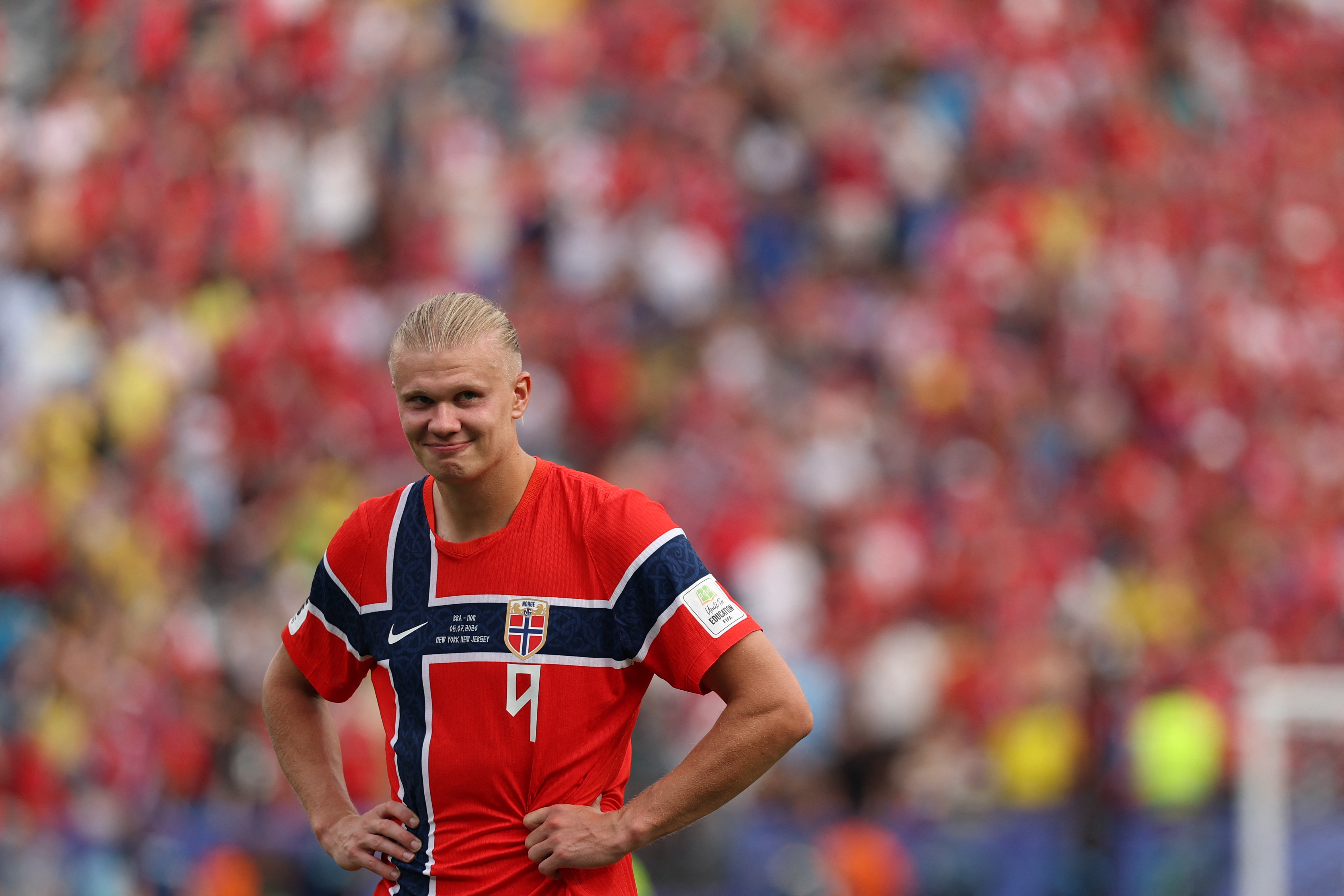 TOPSHOT - Norway's forward #09 Erling Braut Haaland smiles after winning the 2026 World Cup round of 16 football match between Brazil and Norway at the New York/New Jersey Stadium in East Rutherford on July 5, 2026.