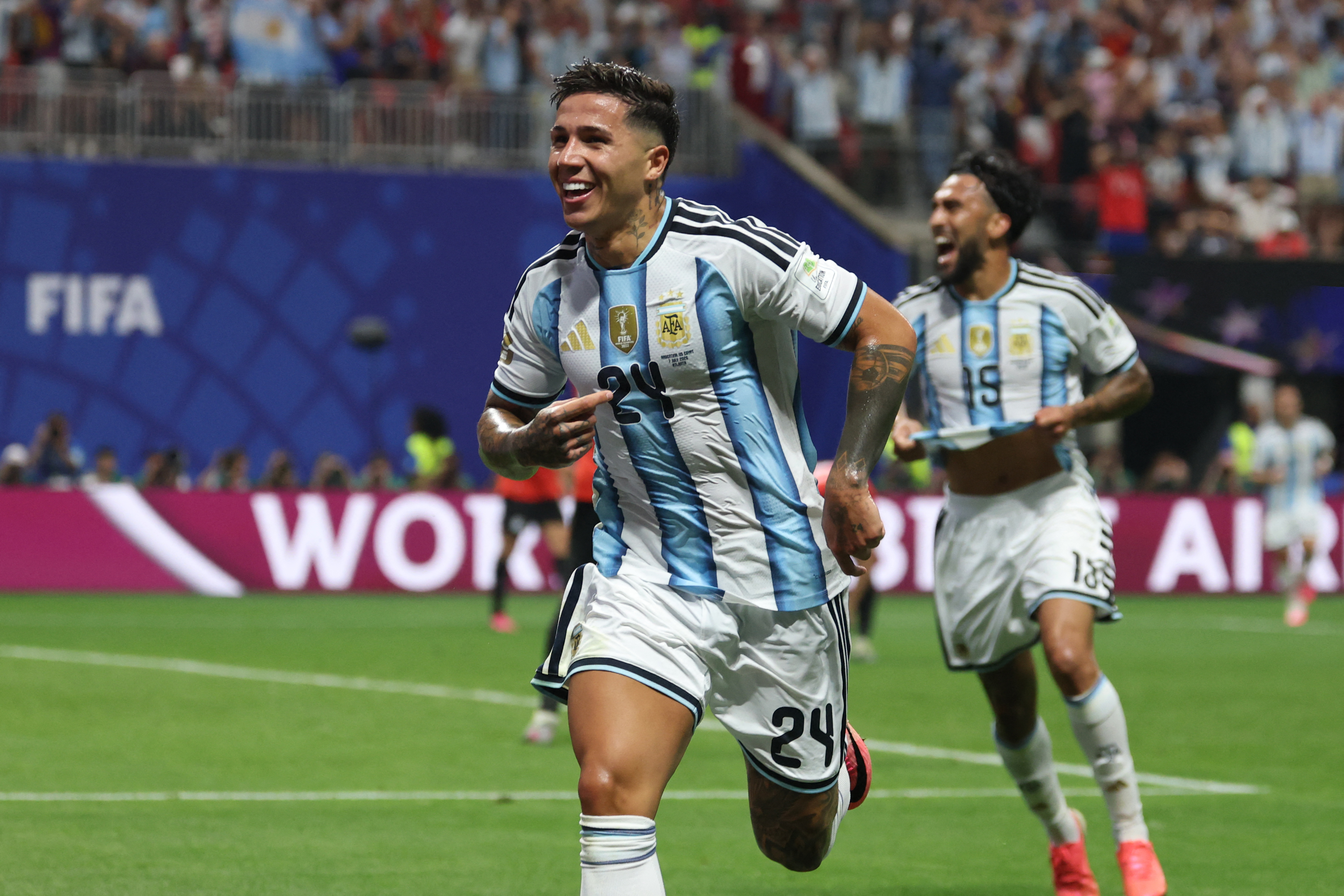 Argentina's midfielder #24 Enzo Fernandez celebrates after scoring his team's third goal during the 2026 World Cup round of 16 football match between Argentina and Egypt at Atlanta Stadium in Atlanta on July 7, 2026.