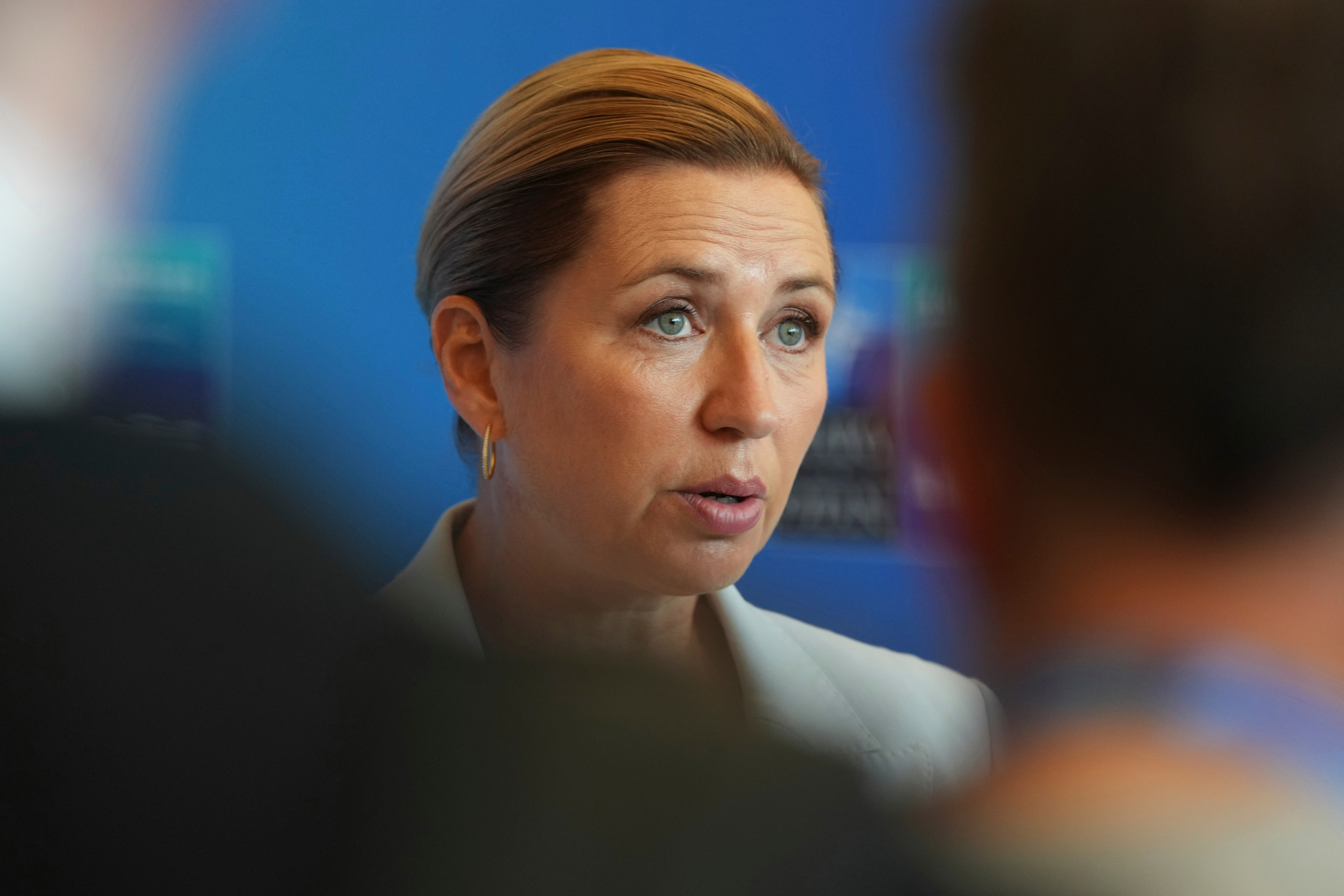 Denmark's Prime Minister Mette Frederiksen speaks with the media as she arrives for the NATO summit in Ankara, on July 8, 2026.
