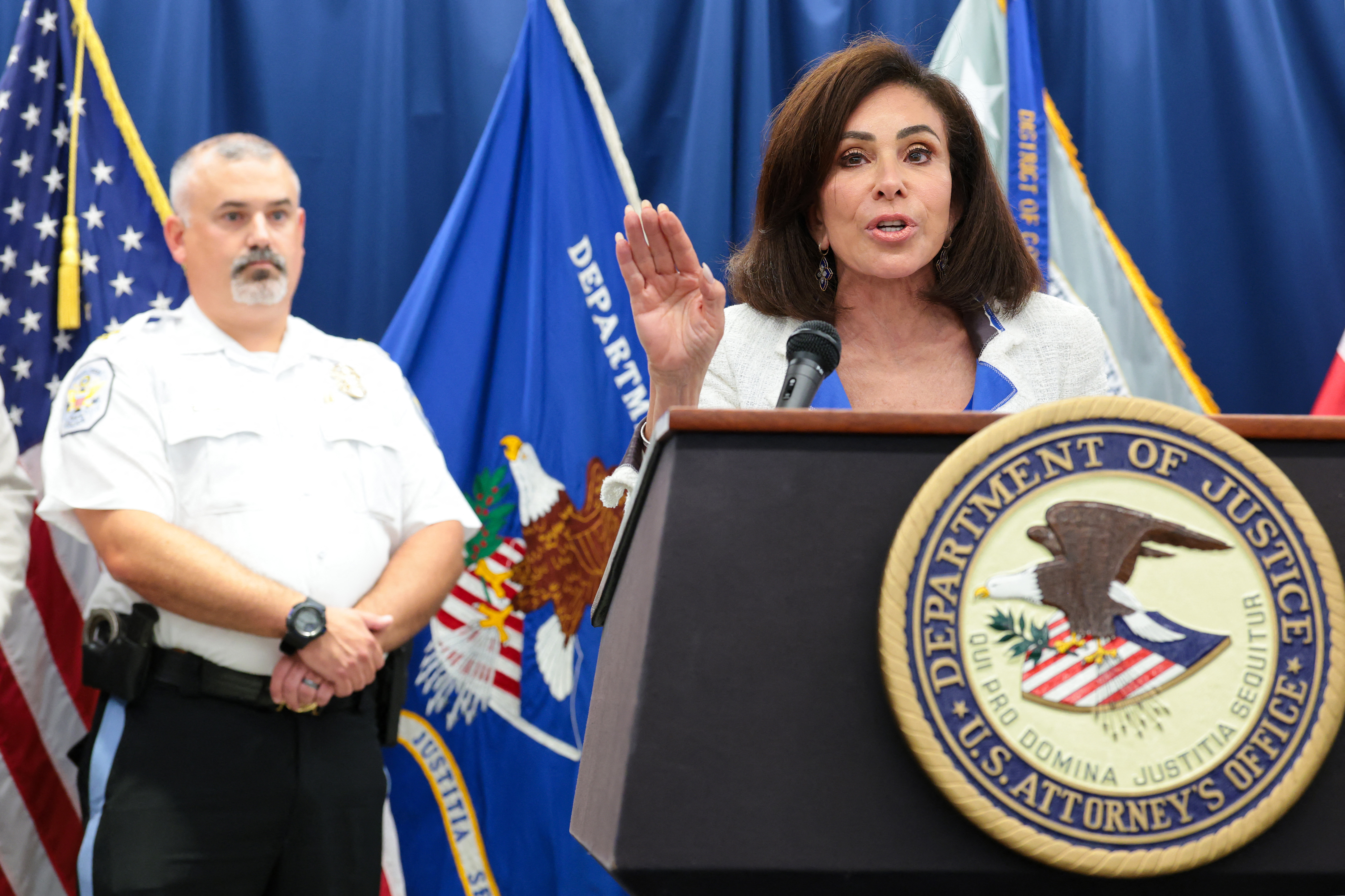 WASHINGTON, DC - JULY 02: U.S. Attorney for the District of Columbia Jeanine Pirro speaks during a press conference at the U.S. Attorney's Office for the District of Columbia on July 02, 2026 in Washington, DC. Pirro announced that former Olympic canoeist David Hearn has been indicted by a grand jury on charges related to alleged vandalism of the Lincoln Memorial Reflecting Pool. Anna Moneymaker/Getty Images/AFP (Photo by Anna Moneymaker / GETTY IMAGES NORTH AMERICA / Getty Images via AFP)