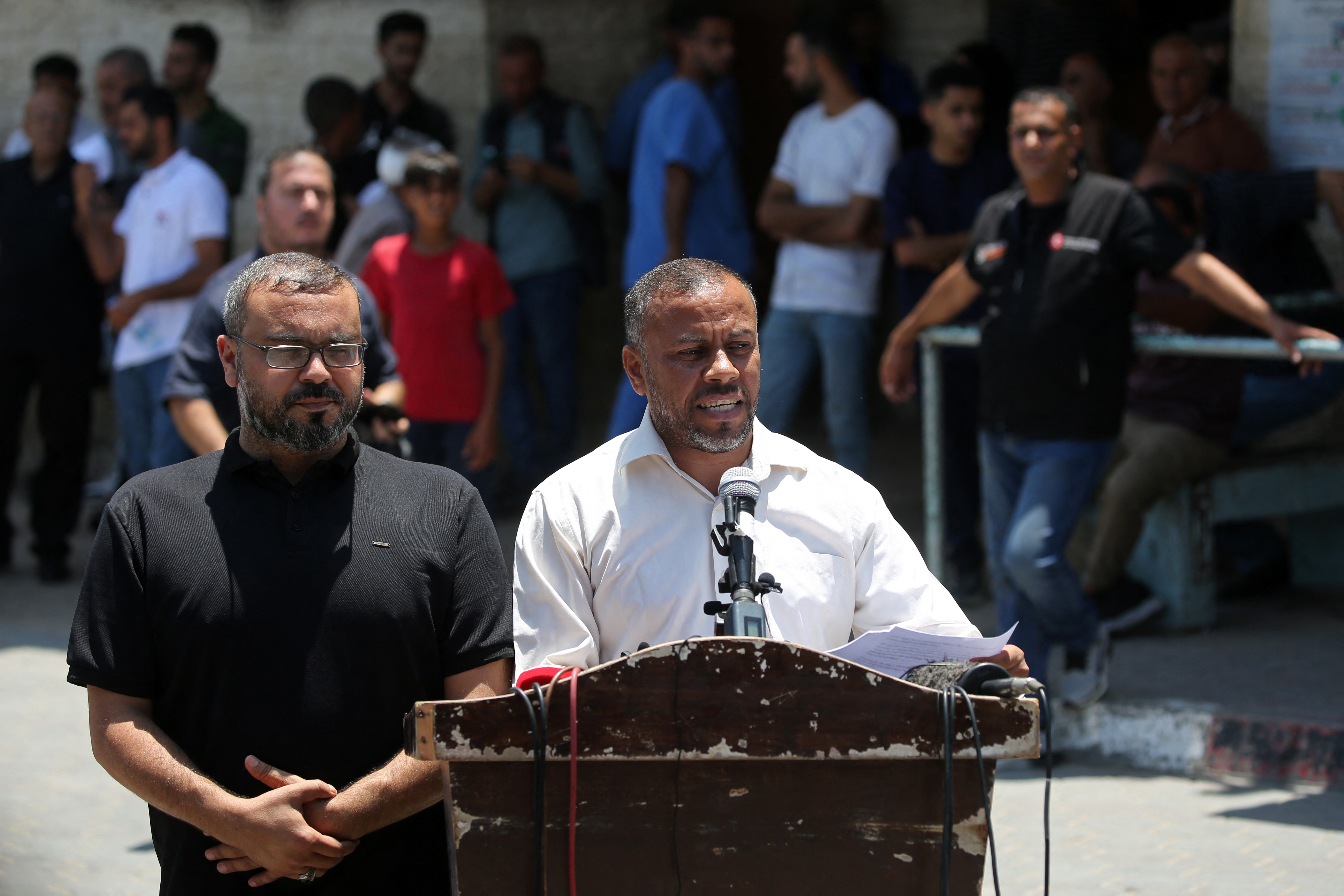Ismail al-Thawabta, head of Hamas' government media office, addresses a press conference at the Al-Aqsa Hospital in Deir al-Balah, central Gaza Strip on July 6, 2026.
