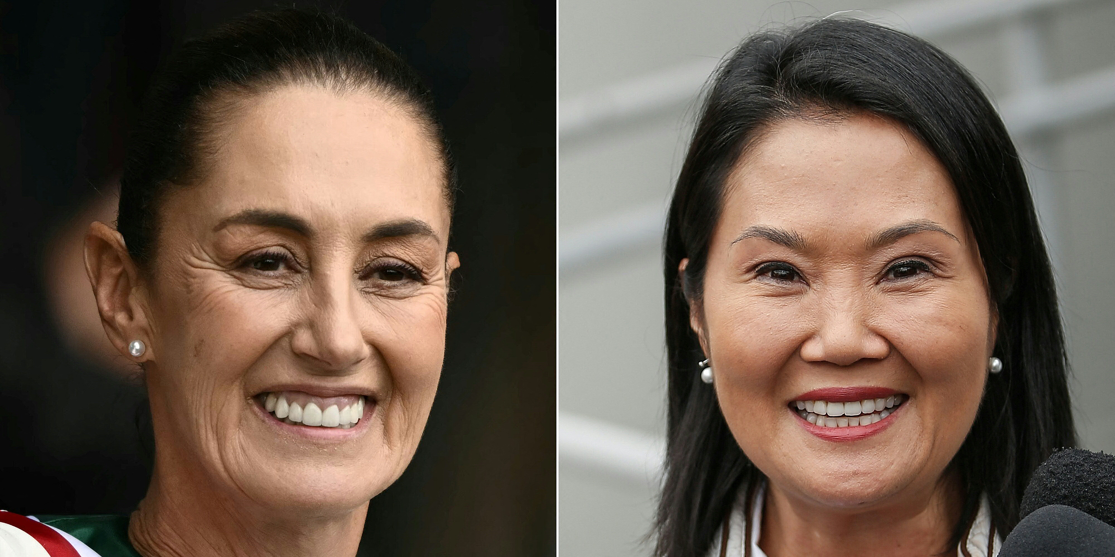 (COMBO) This combination of pictures created on July 10, 2026 shows Mexico's President Claudia Sheinbaum smiling as she leaves the Congress of the Union after her inauguration ceremony in Mexico City on October 1, 2024 and Peru's then presidential candidate for the Fuerza Popular party, Keiko Fujimori, speaking to the press in Lima, on June 19, 2026.