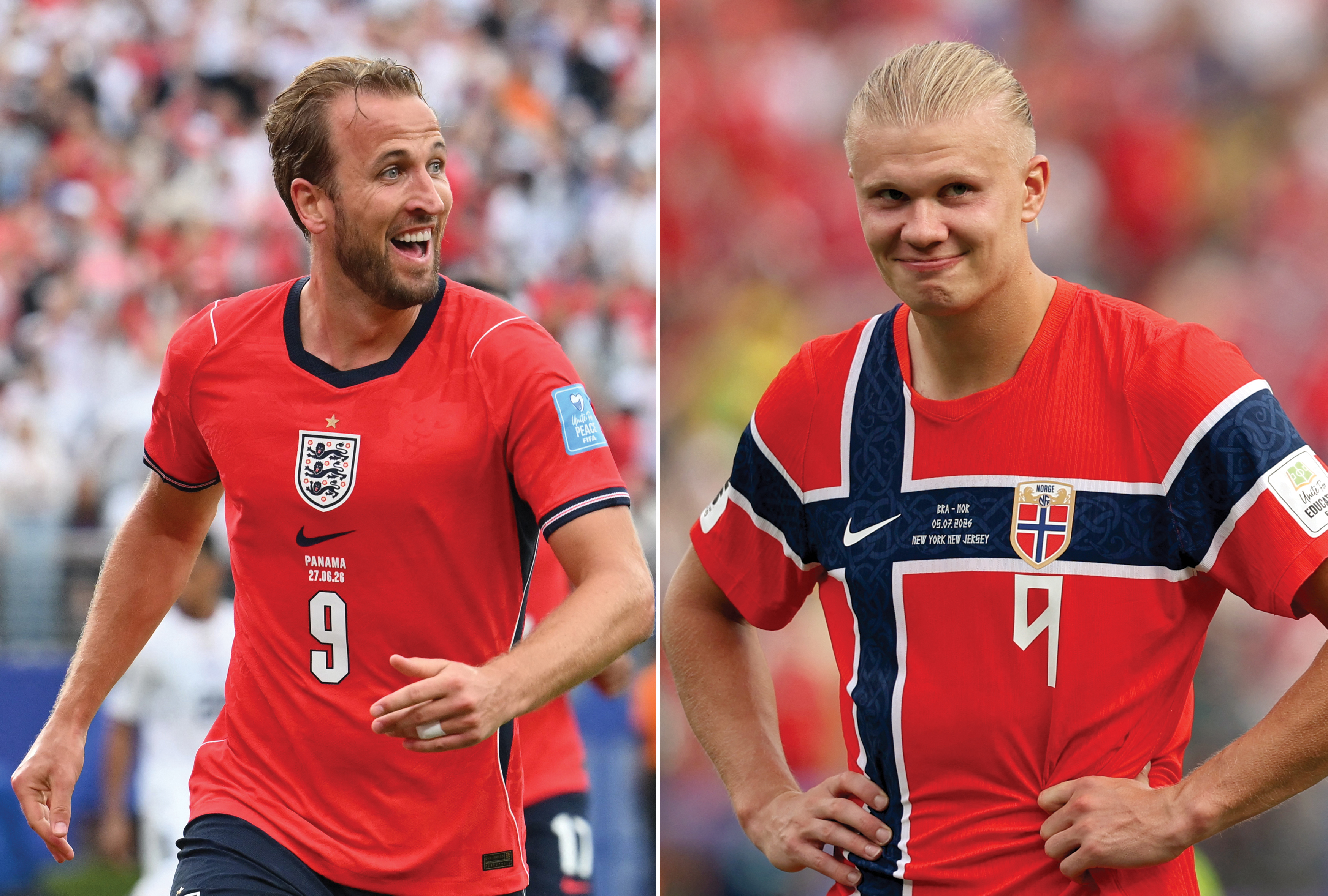 Combination of pictures shows England's forward #09 Harry Kane and Norway's forward #09 Erling Braut Haaland.