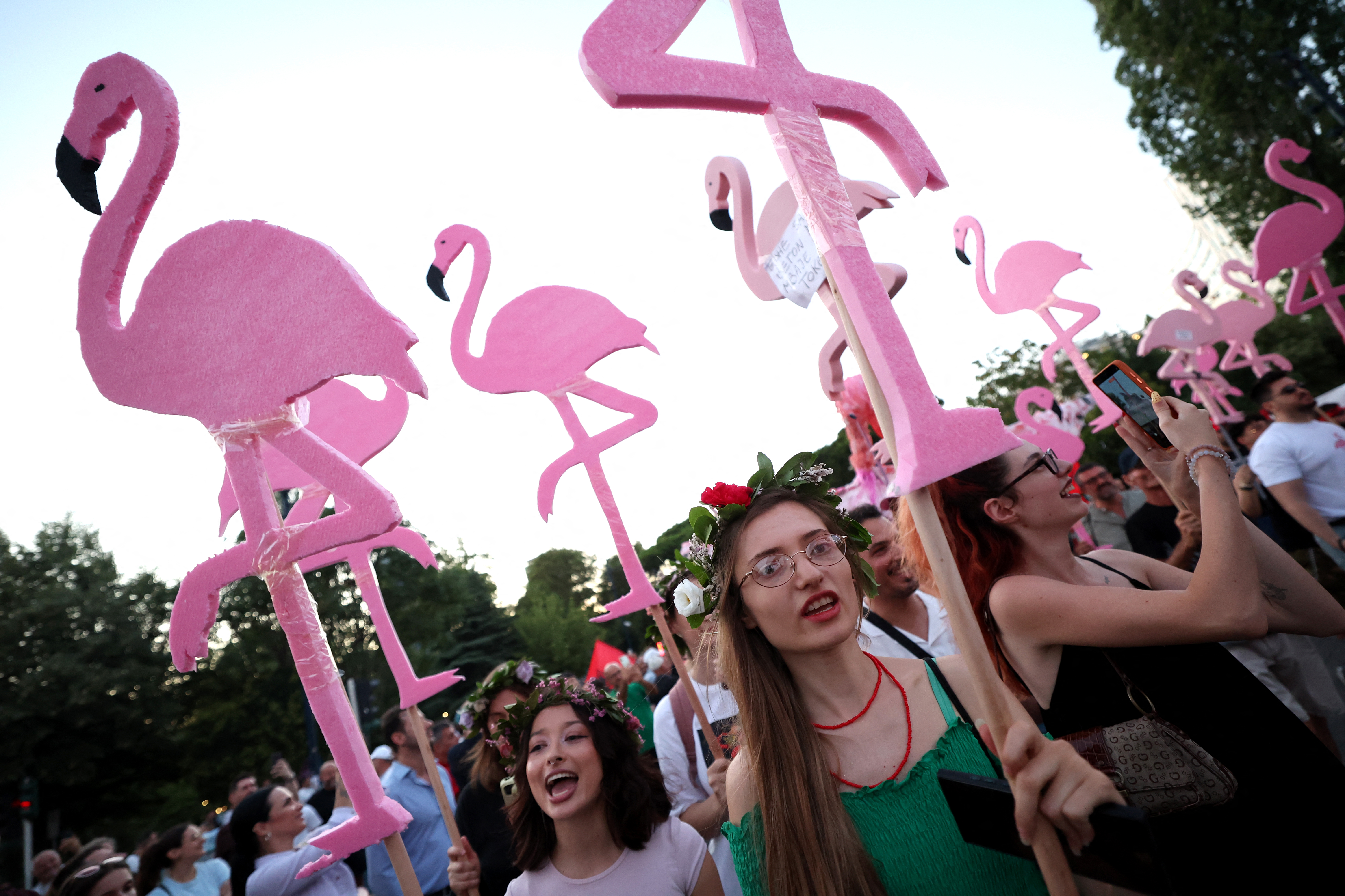 Protesters hold cutouts of flamingos as they demonstrate.