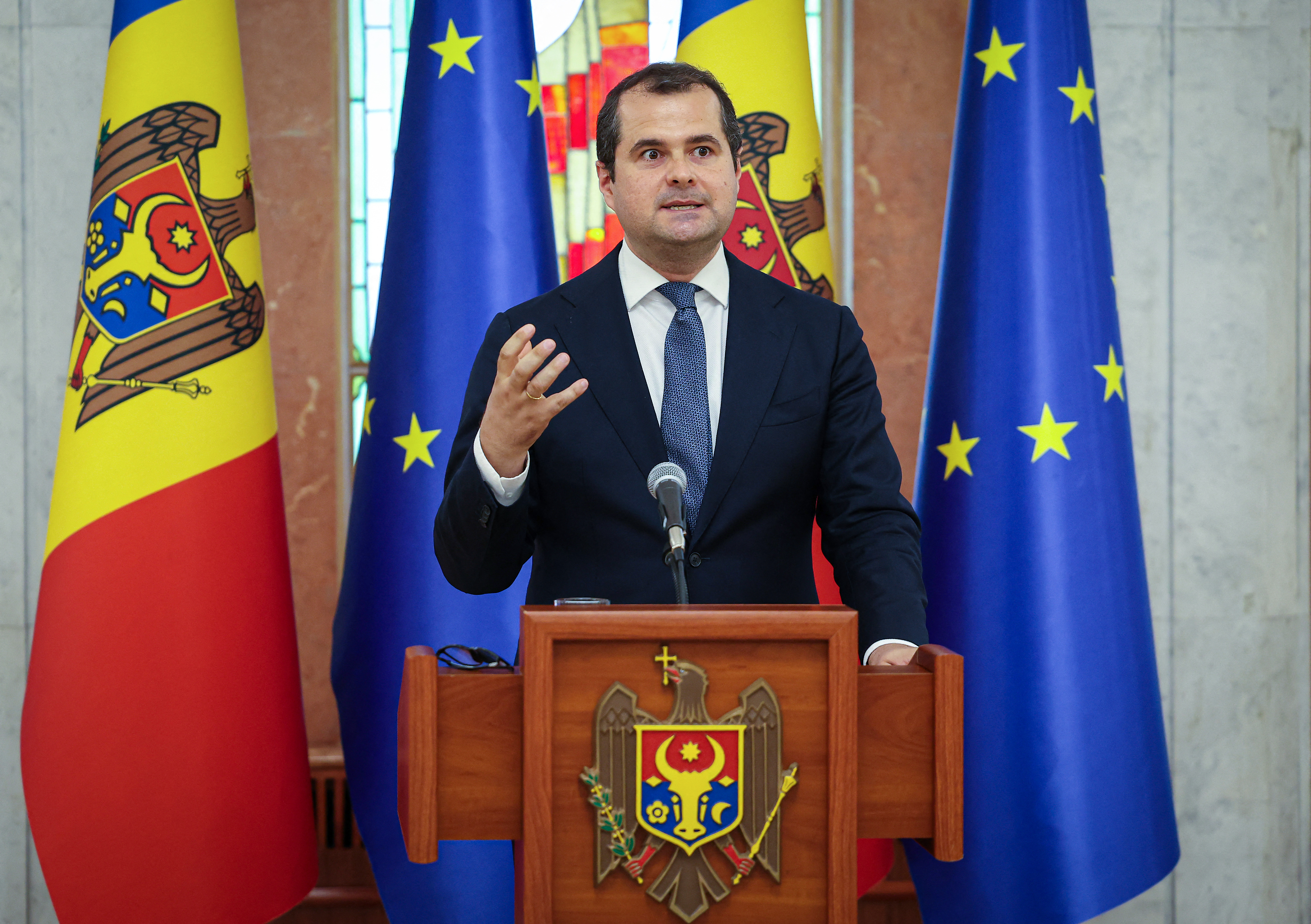 Newly-nominated Moldova's Prime Minister Vasile Tofan addresses the audience during a press conference at the Presidential Palace in Chisinau on July 11, 2026.