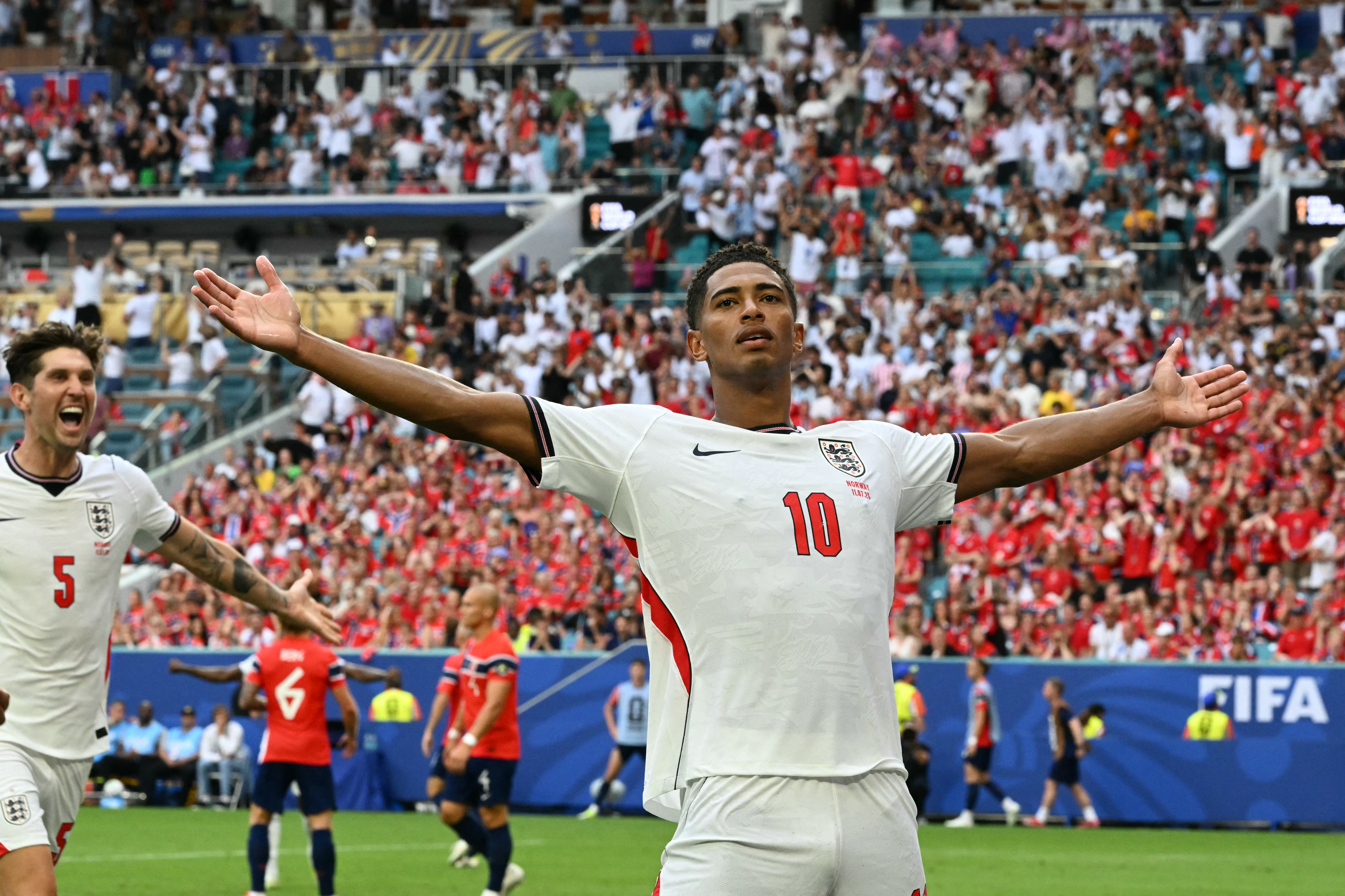 England's midfielder #10 Jude Bellingham celebrates scoring his team's second goal during the 2026 World Cup football tournament quarter-final match between Norway and England at Miami Stadium in Miami on July 11, 2026.