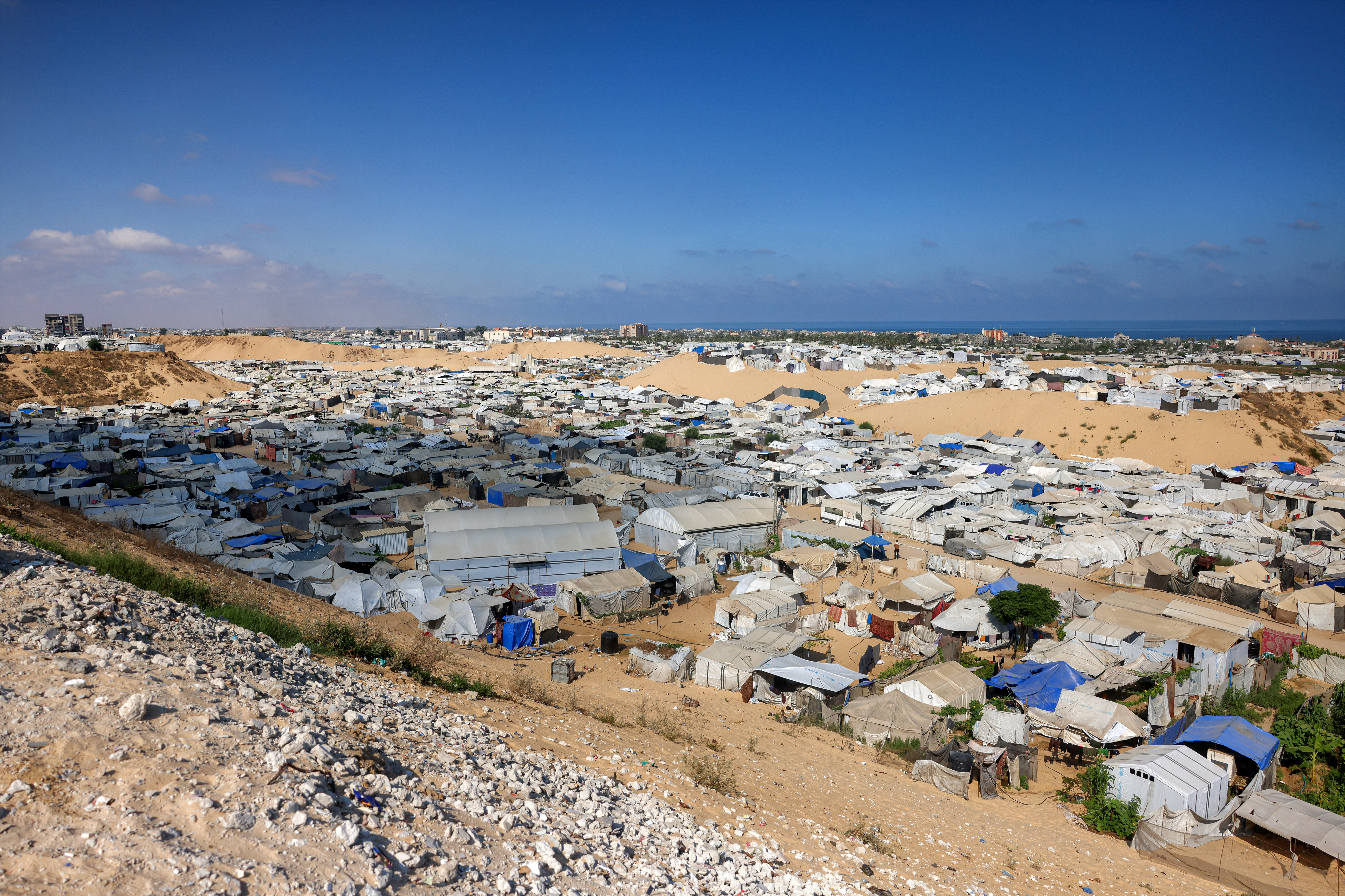 Tents for people displaced by war are pictured in Khan Yunis in the southern Gaza Strip on July 11, 2026.