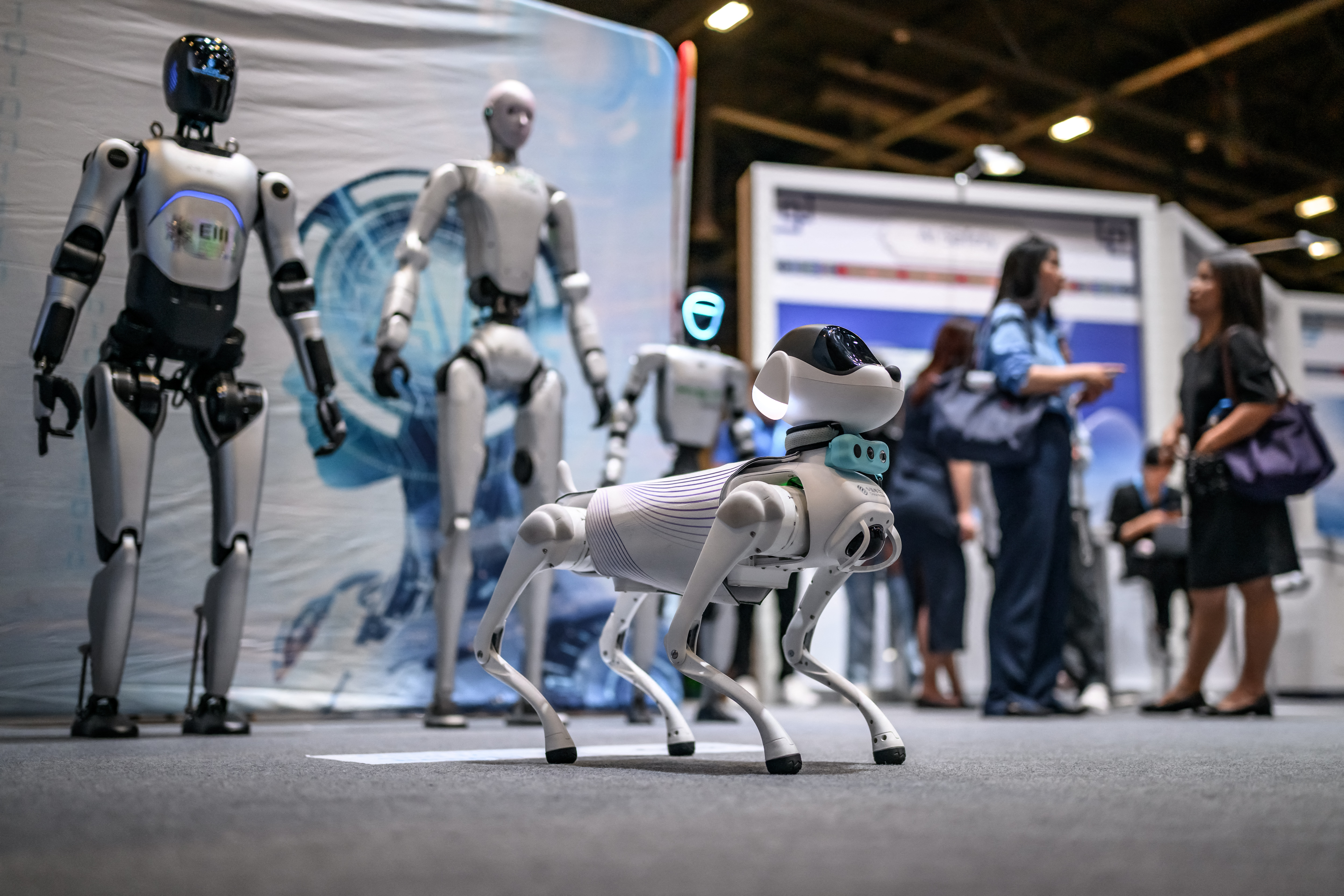This photograph shows dog-like and humanoid robots on display at the booth of Chinese technology companies during the AI for Good Global Summit, a United Nations flagship event aimed at shaping the future of artificial intelligence, in Geneva on July 7, 2026.