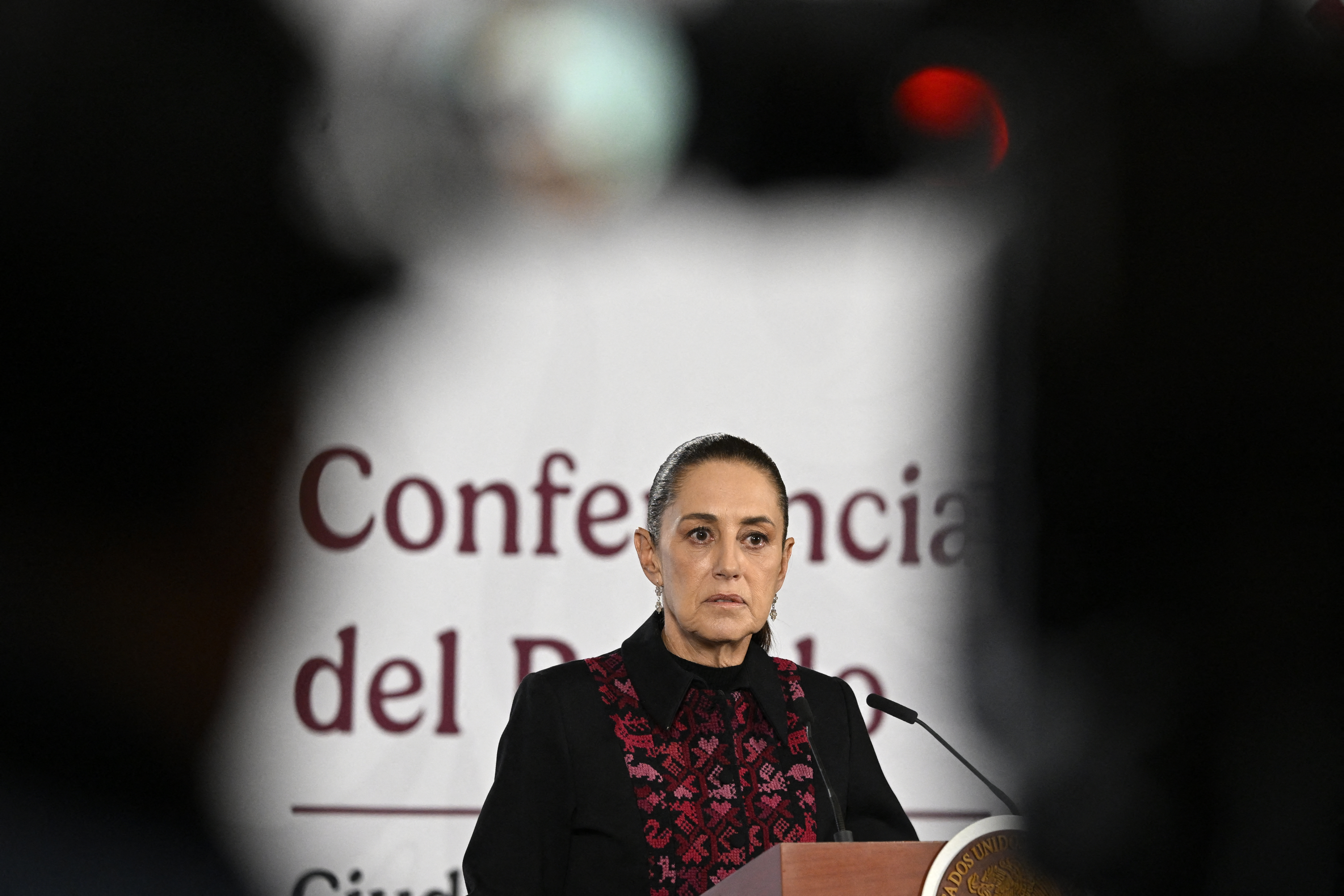 Mexico's President Claudia Sheinbaum speaks during her daily press conference at Palacio Nacional in Mexico City on July 14, 2026.