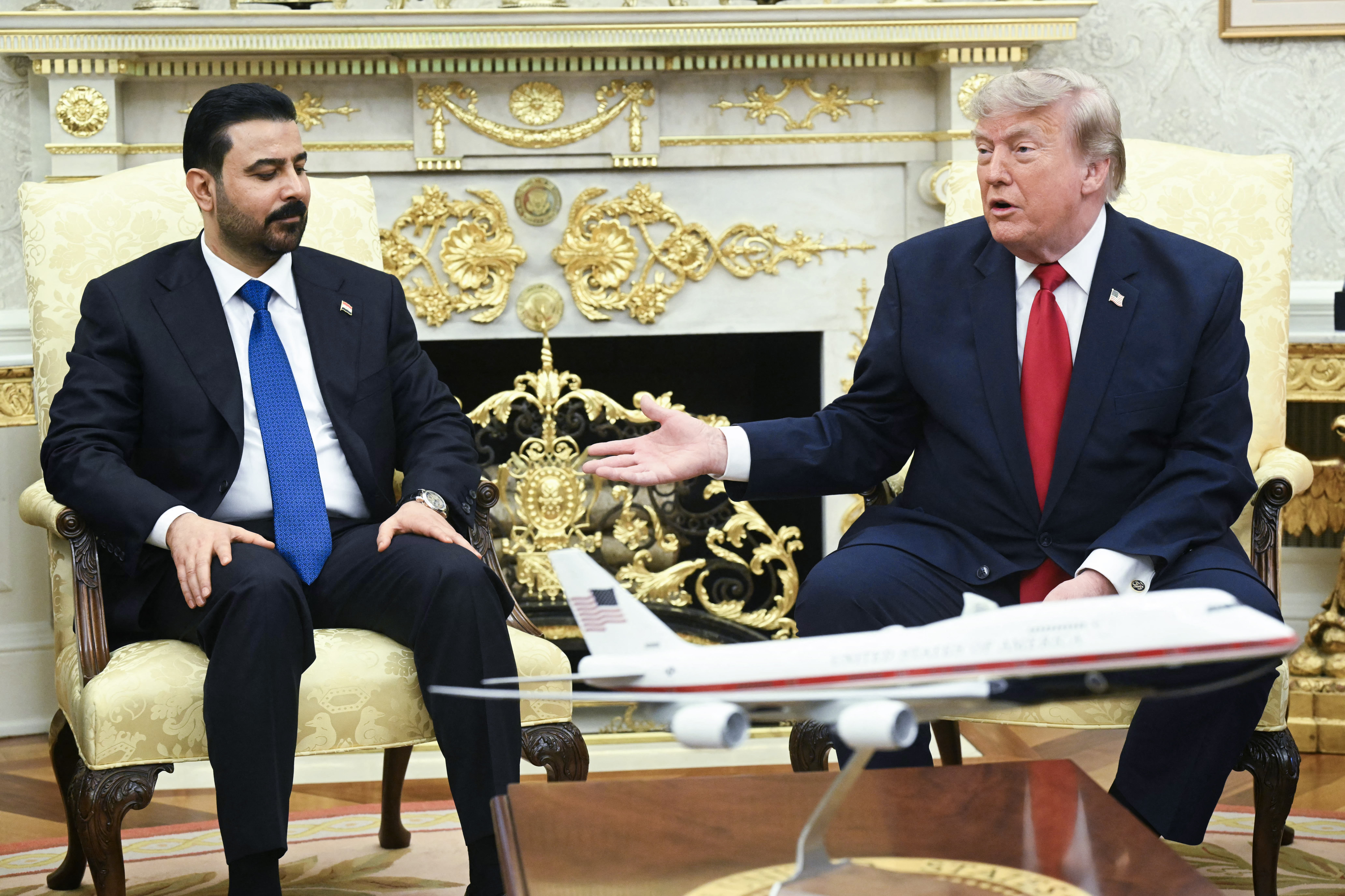 US President Donald Trump meets with Prime Minister of Iraq Ali al-Zaidi (L) in the Oval Office of the White House in Washington, DC, on July 14, 2026. (Photo by SAUL LOEB / AFP)