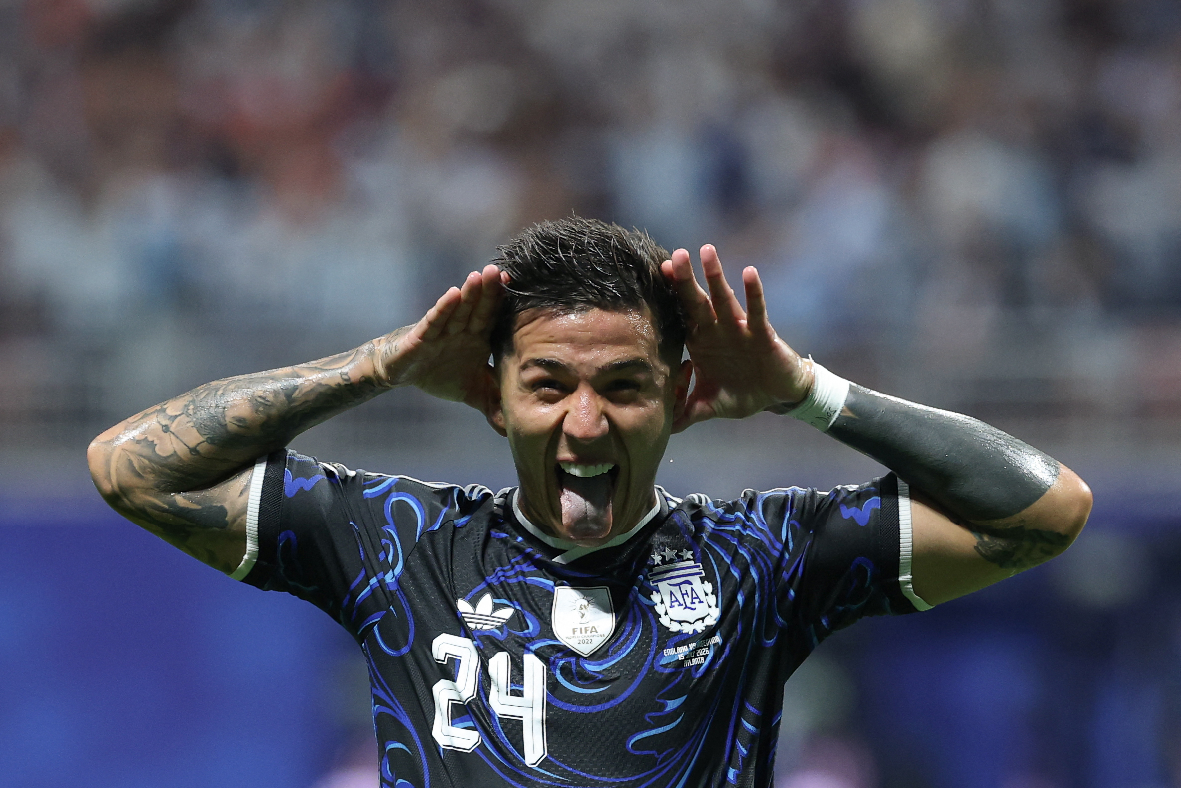 Argentina's midfielder #24 Enzo Fernandez celebrates scoring his team's first goal during the 2026 World Cup football tournament semi-final match between England and Argentina at the Atlanta Stadium in Atlanta on July 15, 2026.