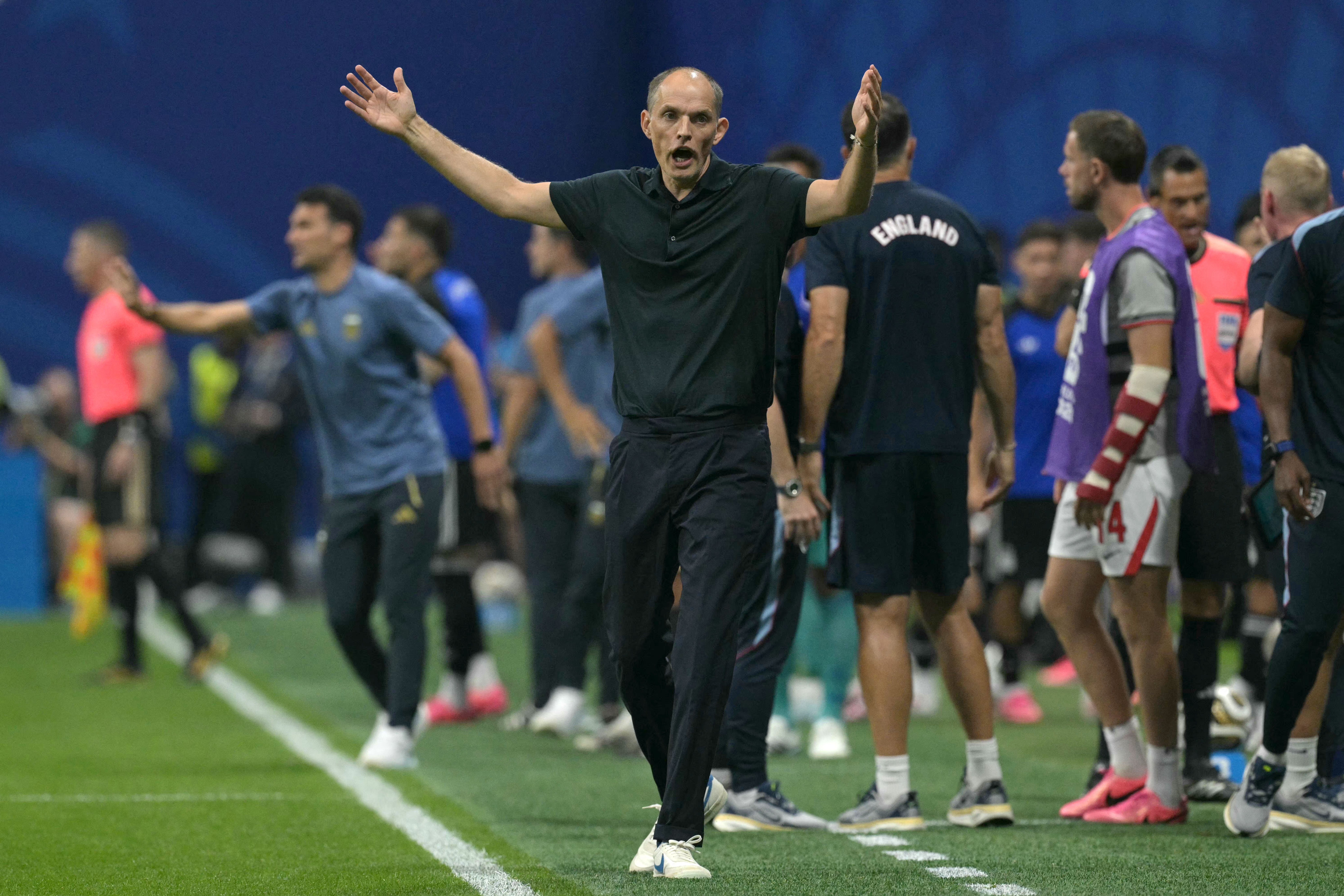 England's German head coach Thomas Tuchel gestures from the techincal area during the 2026 World Cup football tournament semi-final match between England and Argentina at the Atlanta Stadium in Atlanta on July 15, 2026.