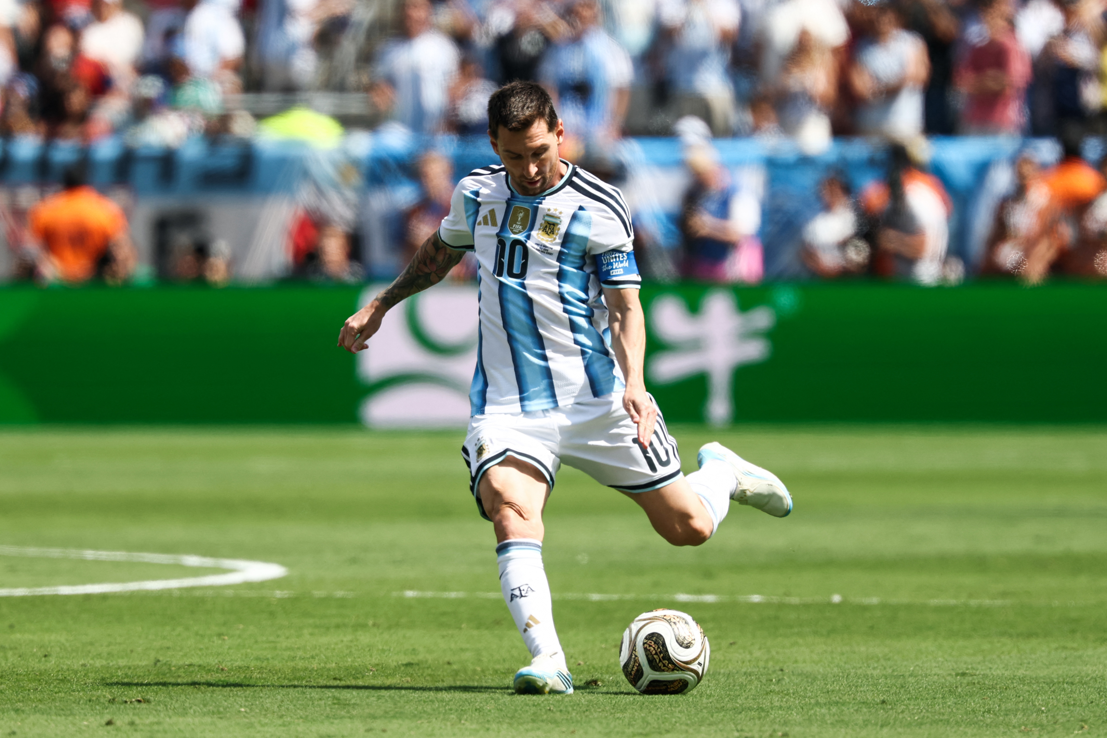 Argentina's forward #10 Lionel Messi kicks the ball during the 2026 World Cup football tournament final match between Spain and Argentina at the New York/New Jersey Stadium in East Rutherford on July 19, 2026.