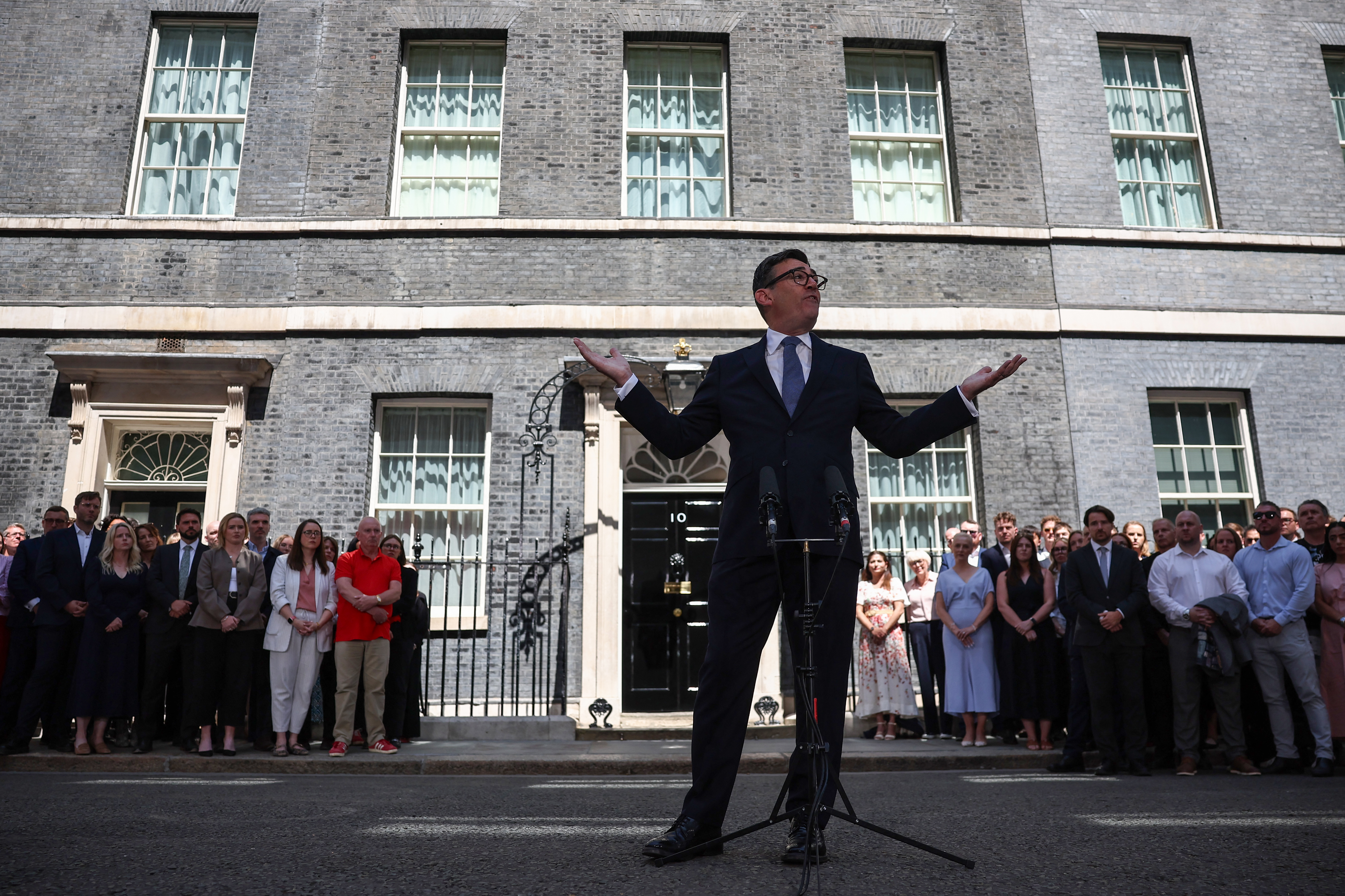 Britain's new Prime Minister Andy Burnham gives his first speech in front of 10 Downing Street in central London on July 20, 2026, after being asked by the king to form the next government. (Photo by HENRY NICHOLLS / AFP)