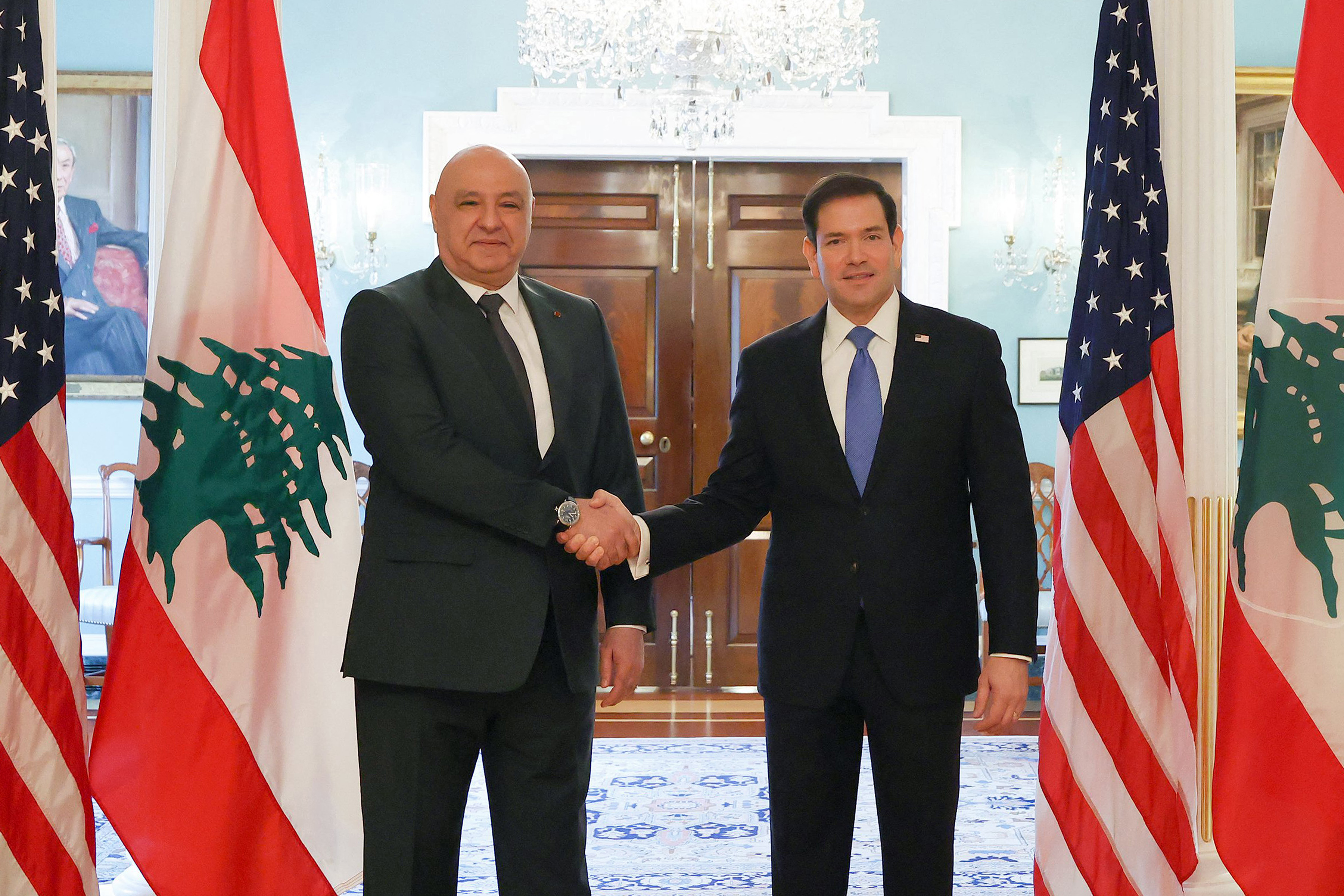 This handout photograph released by the Lebanese Presidency press office on July 19, 2026 shows Lebanon's President Joseph Aoun being received by US Secretary of State Marco Rubio in Washington, DC.