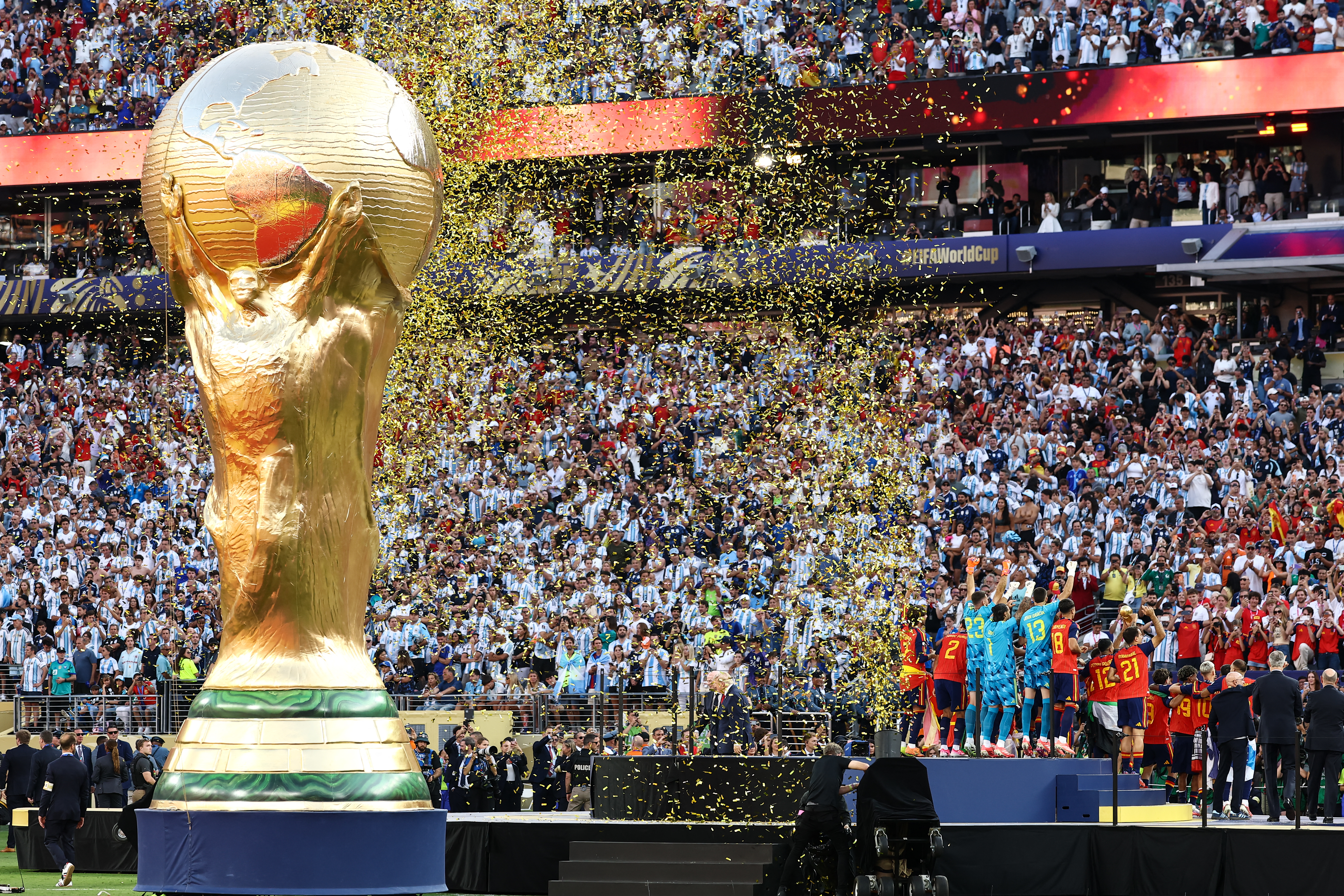 Spain's football players celebrate with the trophy after they won the 2026 World Cup football tournament final match between Spain and Argentina at the New York/New Jersey Stadium in East Rutherford on July 19, 2026.