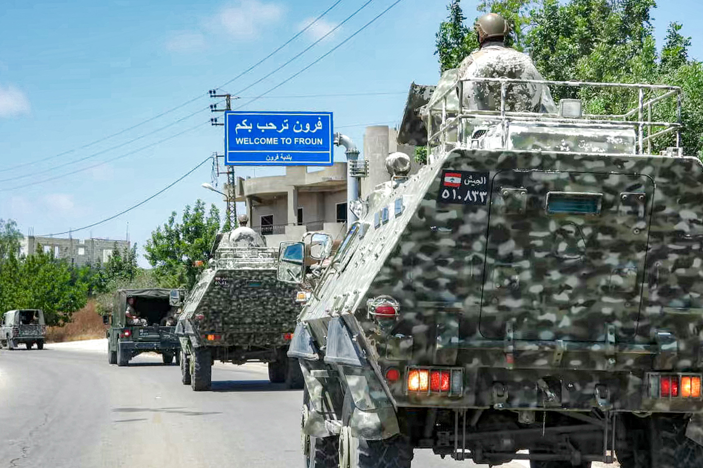 This handout photograph released by the Lebanese army press office on July 15, 2026 shows Lebanese army vehicles patrolling in Froun in the Bint Jbeil district in southern Lebanon.
