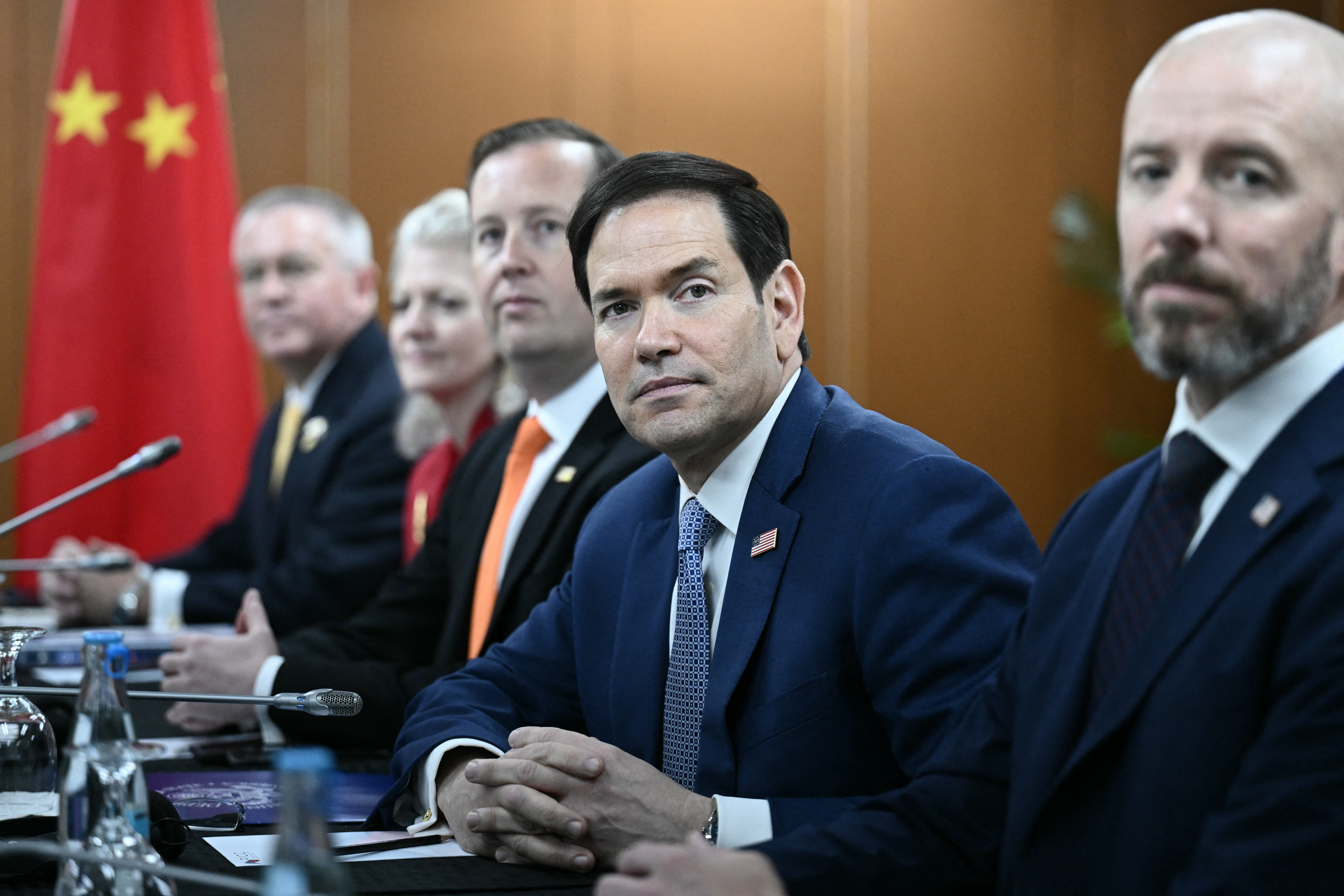 US Secretary of State Marco Rubio (C) looks on during a bilateral meeting with China's Foreign Minister Wang Yi on the sidelines of the Association of Southeast Asian Nations (ASEAN) Foreign Ministers' Meeting in Pasay, Metro Manila on July 22, 2026.