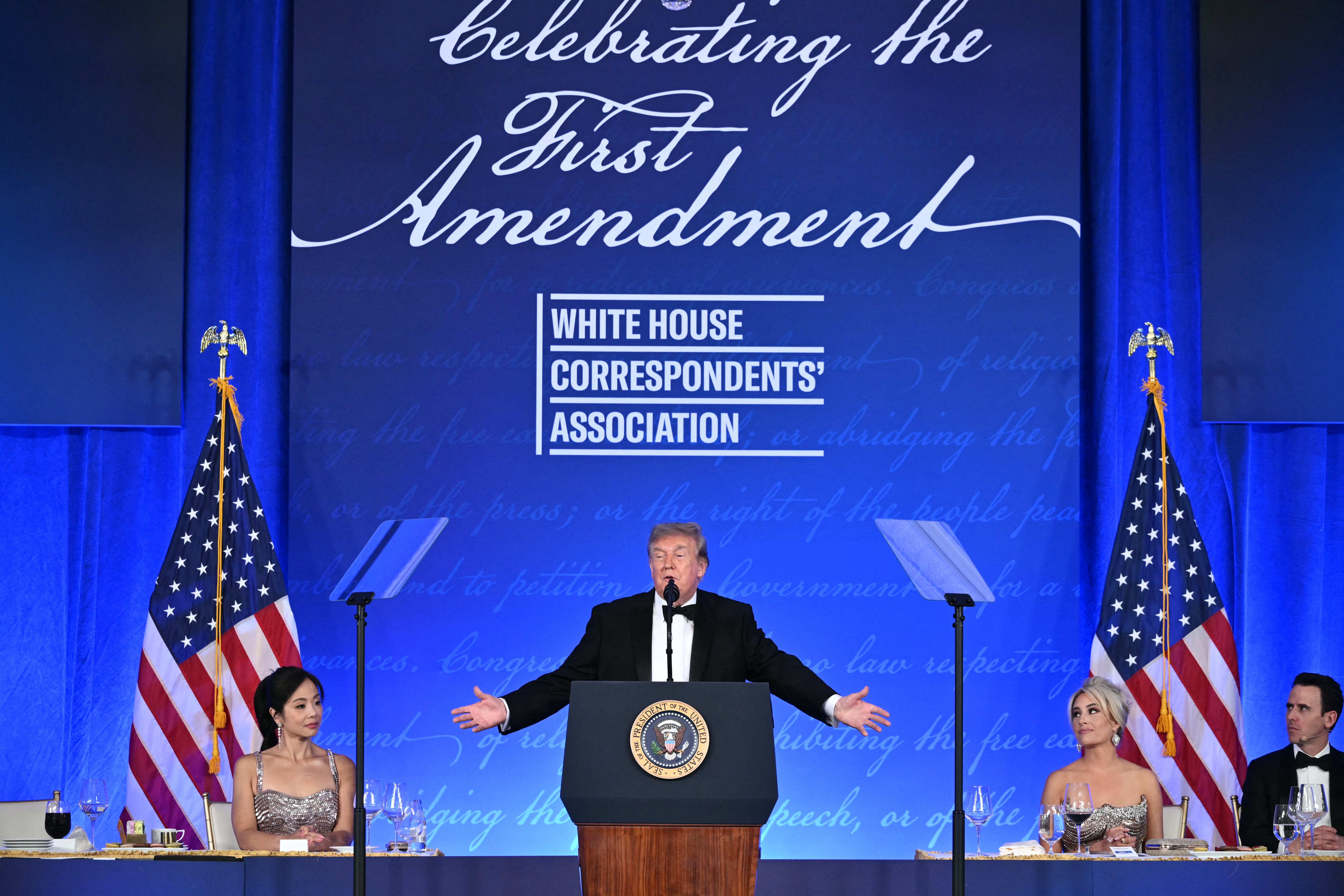 US President Donald Trump speaks during the 2026 White House Correspondents' Association (WHCA) Dinner at the Waldorf Astoria in Washington, DC, on July 24, 2026.