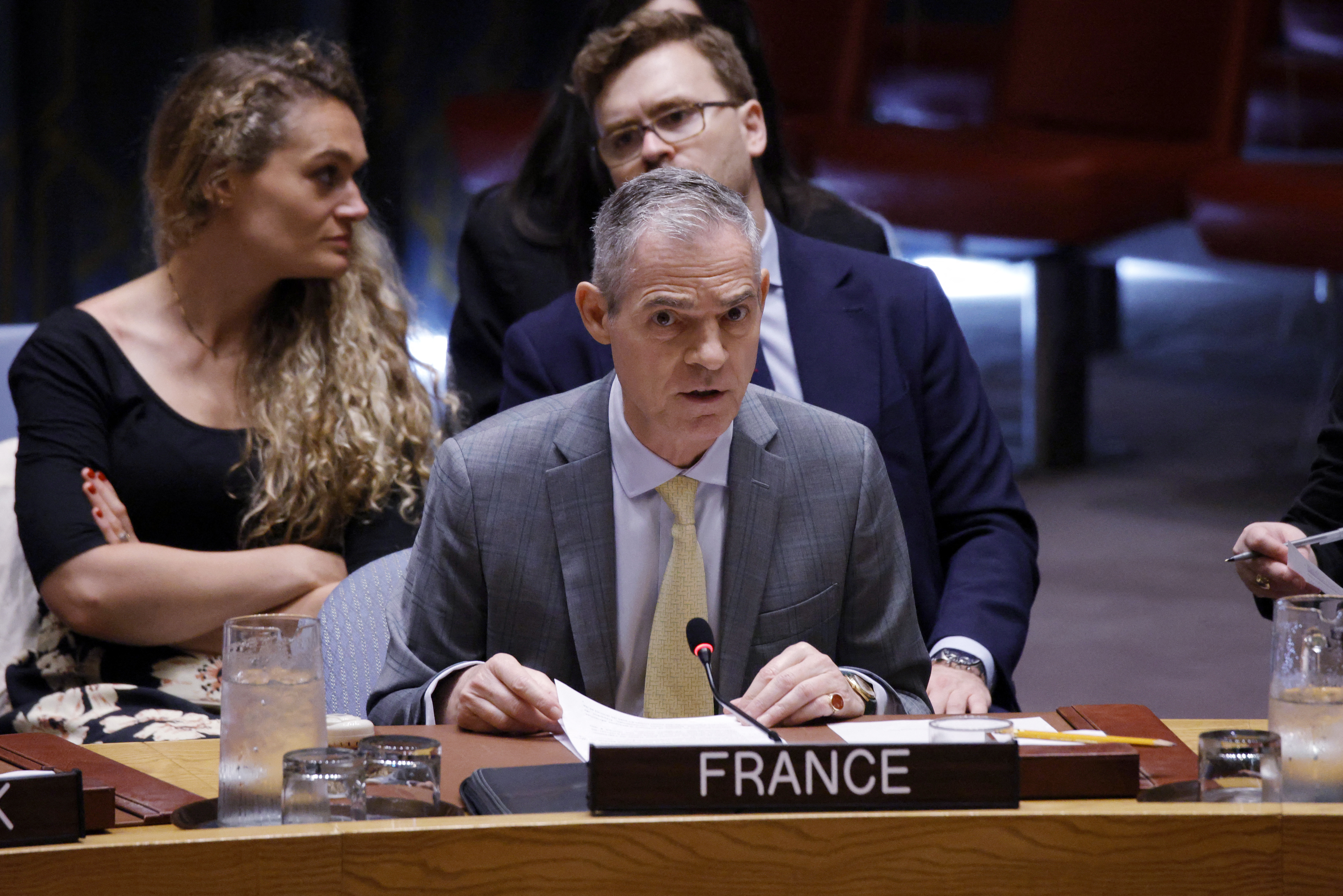 France’s UN Ambassador Jerome Bonnafont speaks as the United Nations Security Council holds an emergency meeting on the Ukraine-Russia war at UN Headquarters in New York, on July 27, 2026.