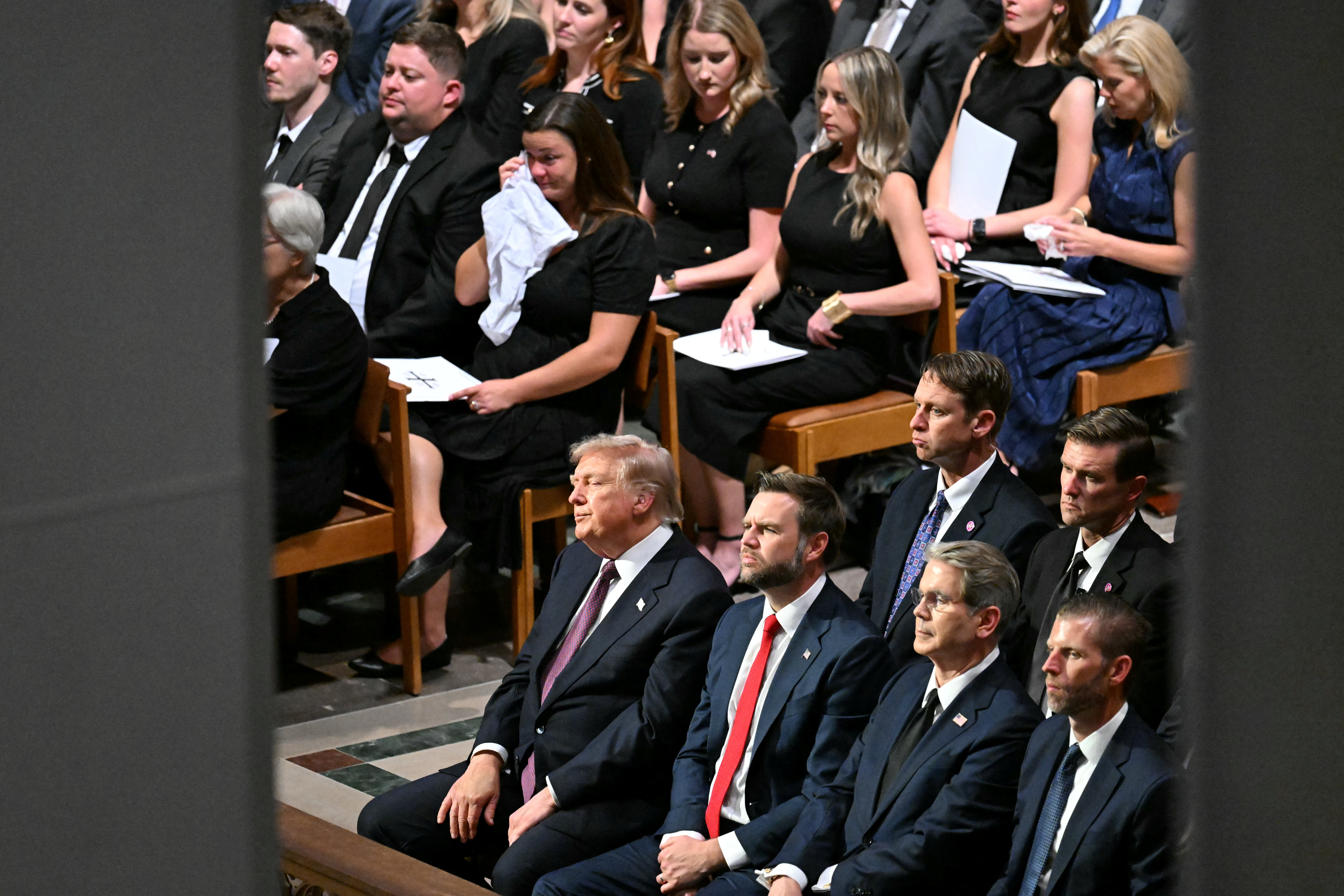 (L/R) US President Donald Trump, Vice President JD Vance, Treasury Secretary Scott Bessent and Trump's son Eric Trump attend the funeral service for US Senator Lindsey Graham at the Washington National Cathedral in Washington, DC, on July 28, 2026.
