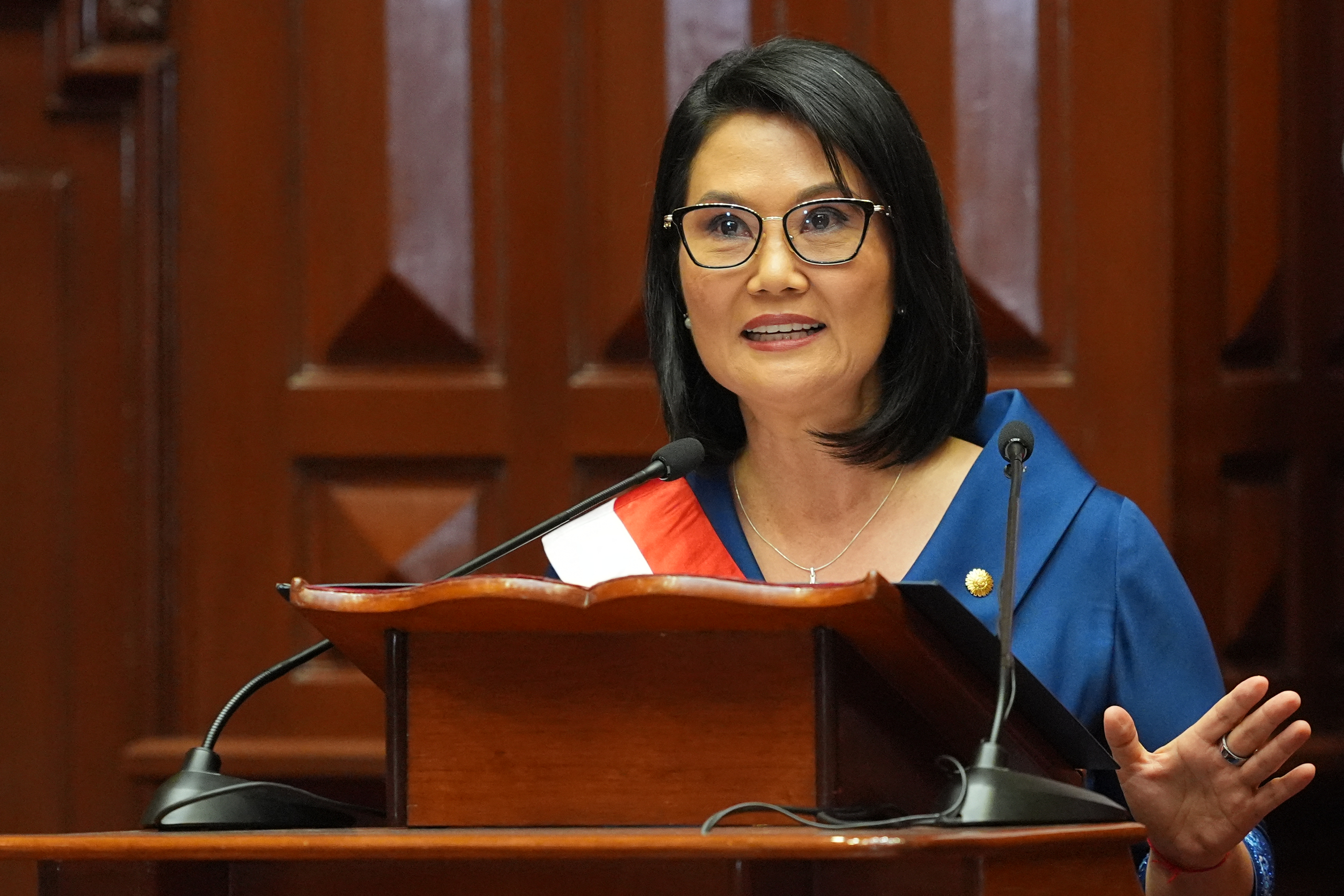 Peru's President Keiko Fujimori speaks after taking the oath of office during her inauguration ceremony at Congress in Lima on July 28, 2026.