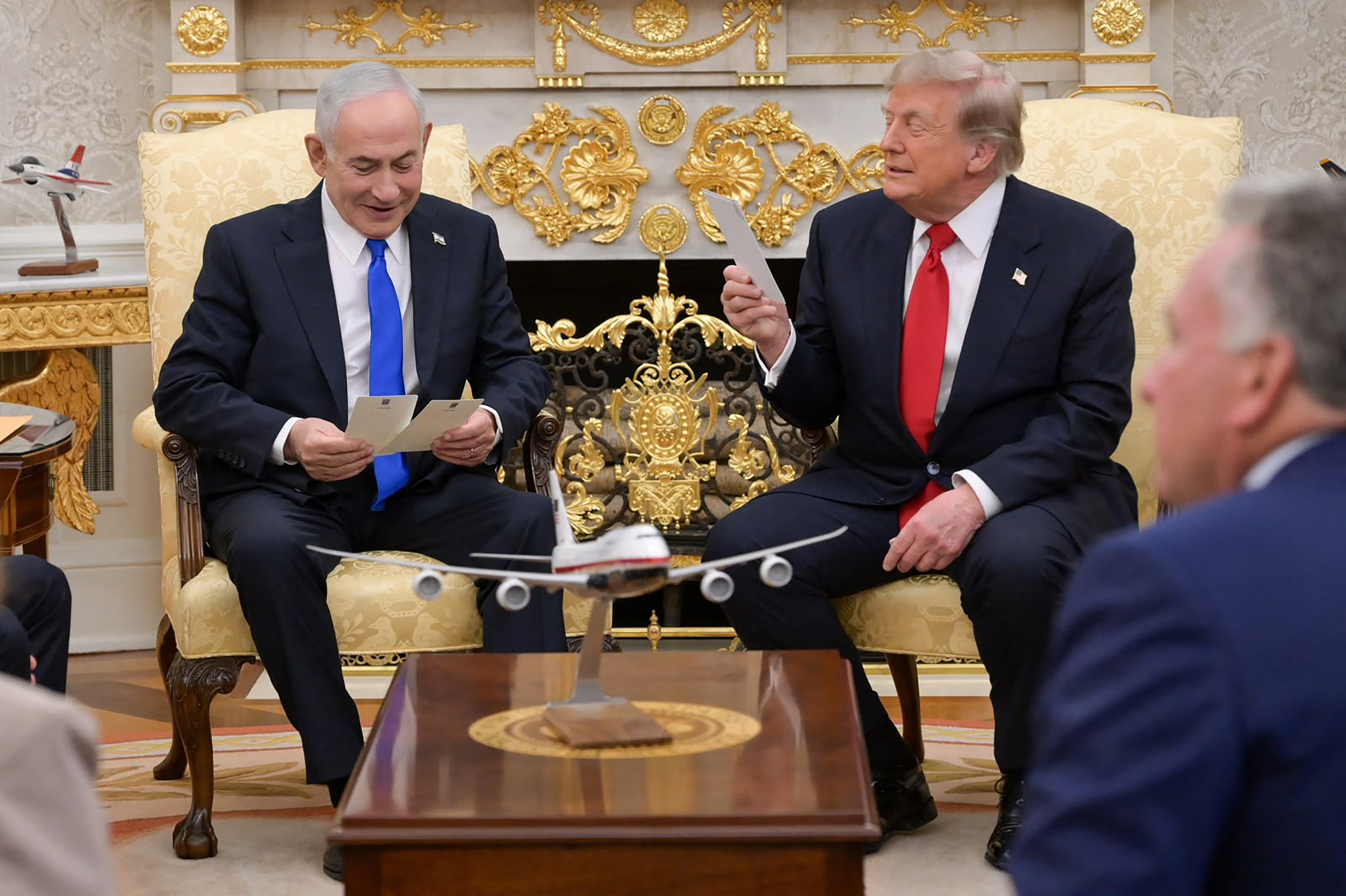 This handout picture released by the Israeli Government Press Office (GPO) Shows Israel's Prime Minister Benjamin Netanyahu (L) meeting with US President Donald Trump in the Oval Office of the White House in Washington DC, on July 28, 2026.