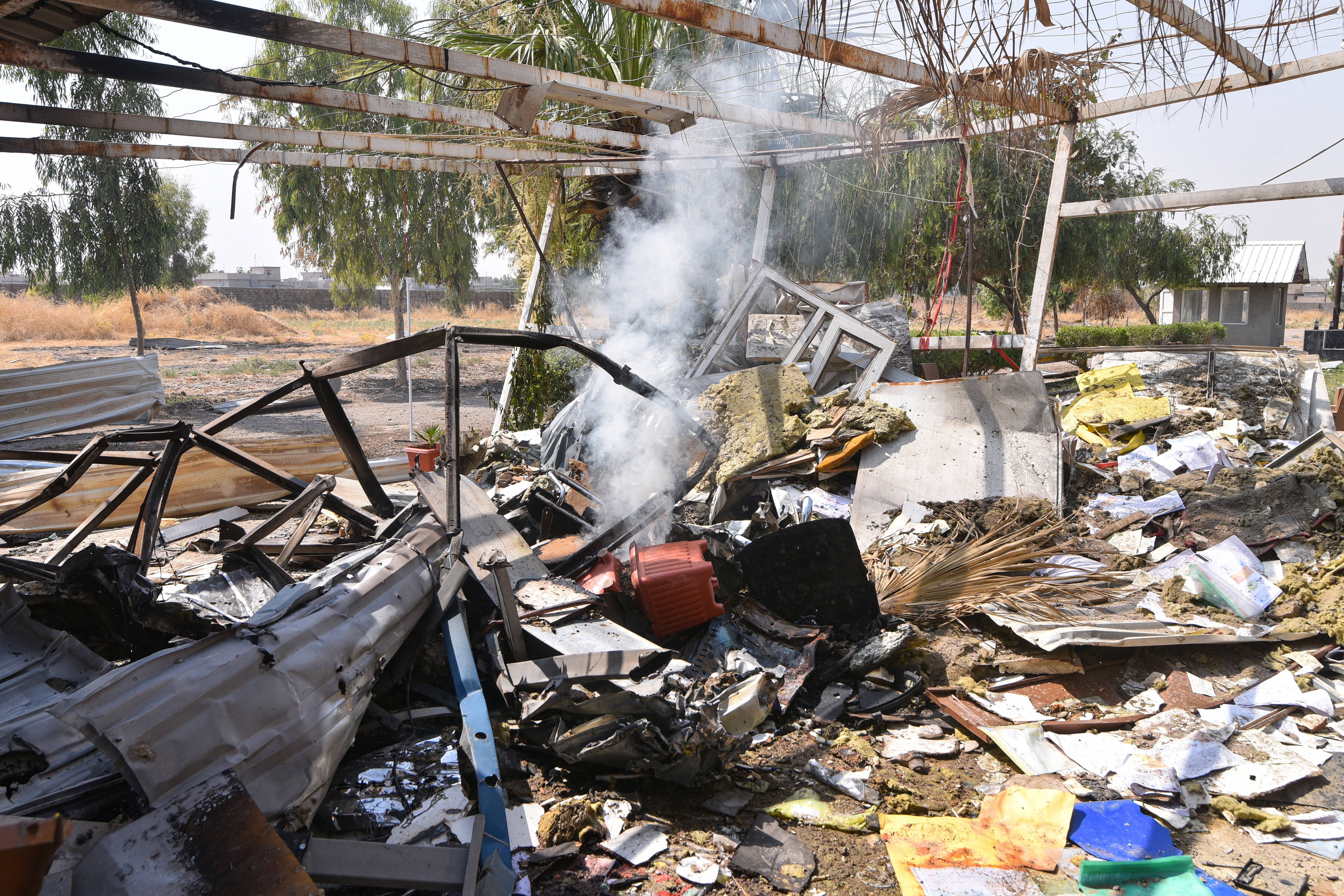 This picture shows a general view of damaged structures at the site of a strike in Bartalla in the northern Iraqi Nineveh province on July 29, 2026.